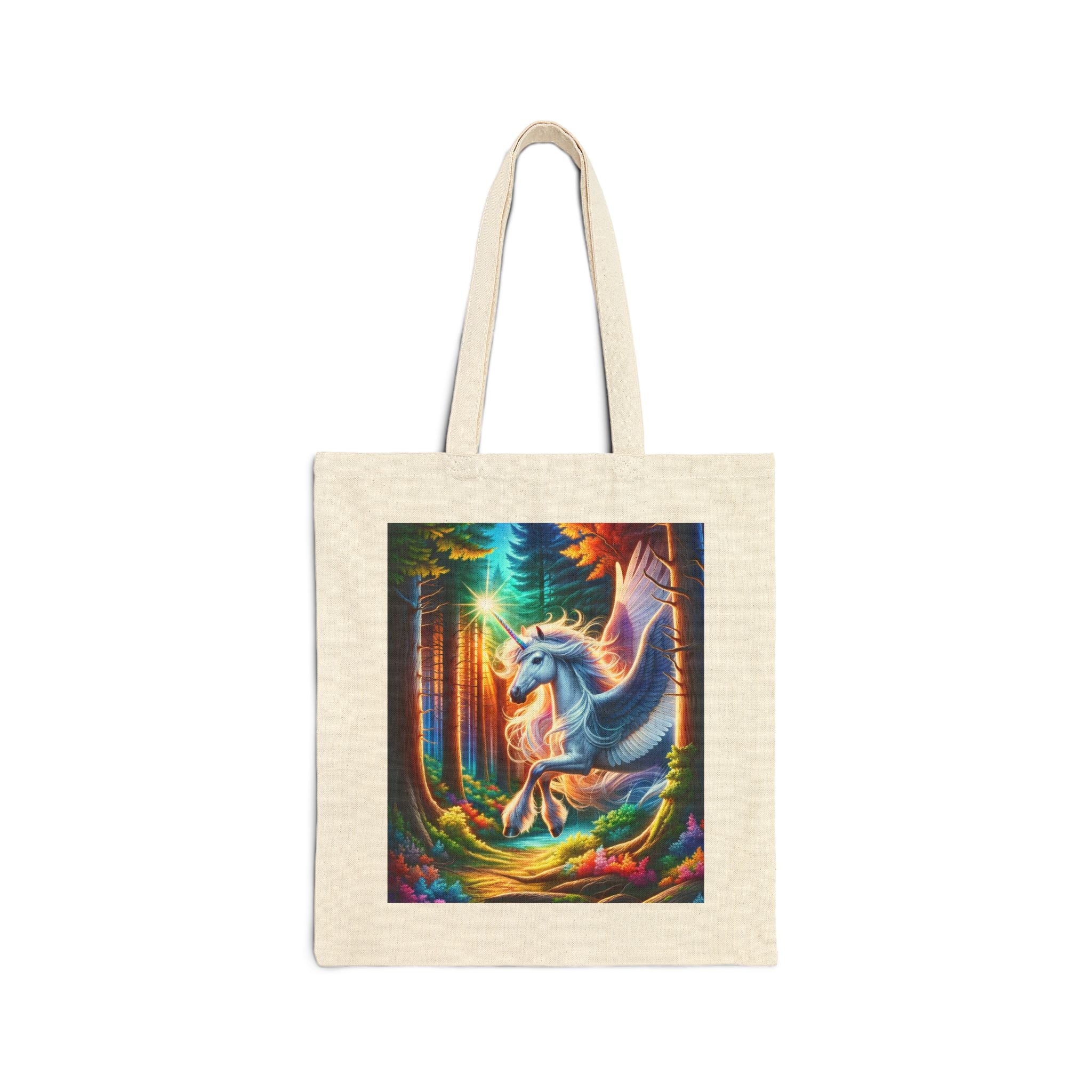 Whimsical Unicorn in enchanted forest - Cotton Canvas Tote Bag