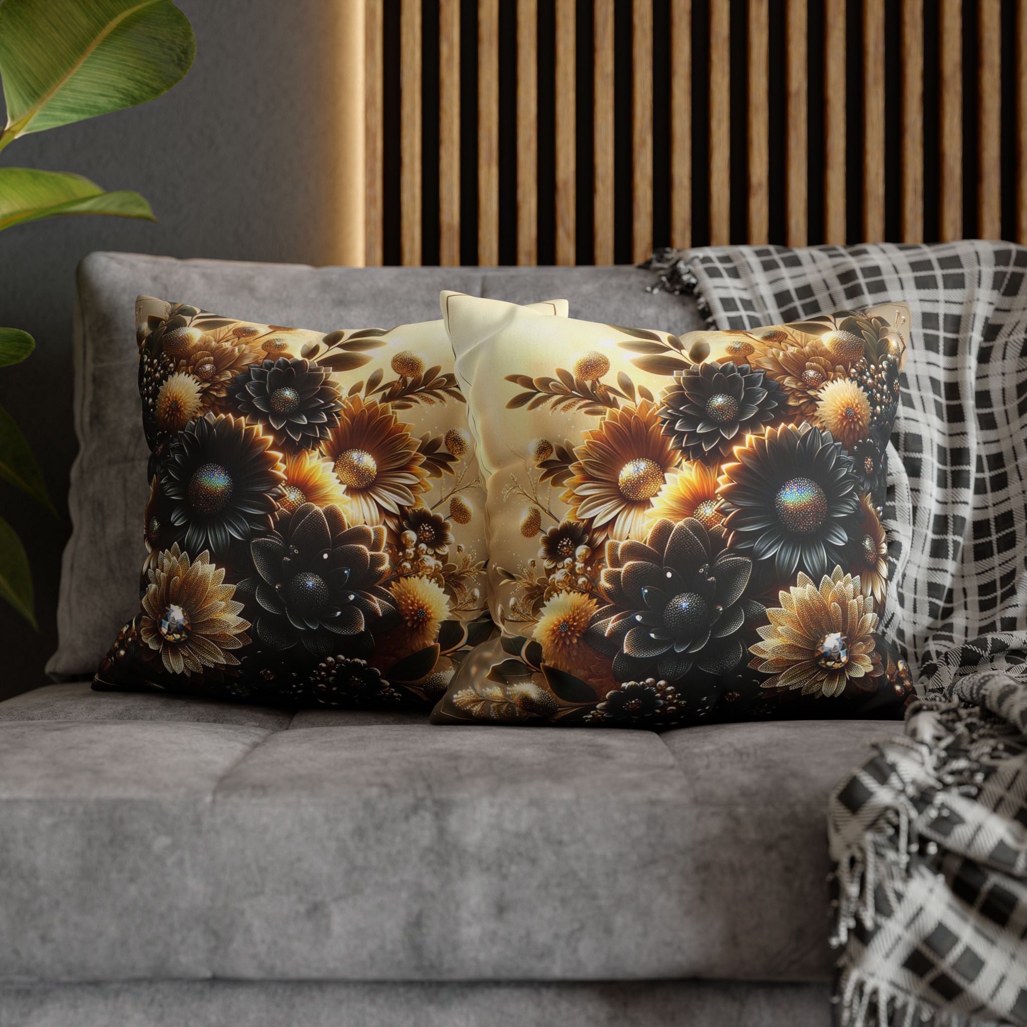 Black and golden Bouquet (with golden background) - Suede Square Pillowcase