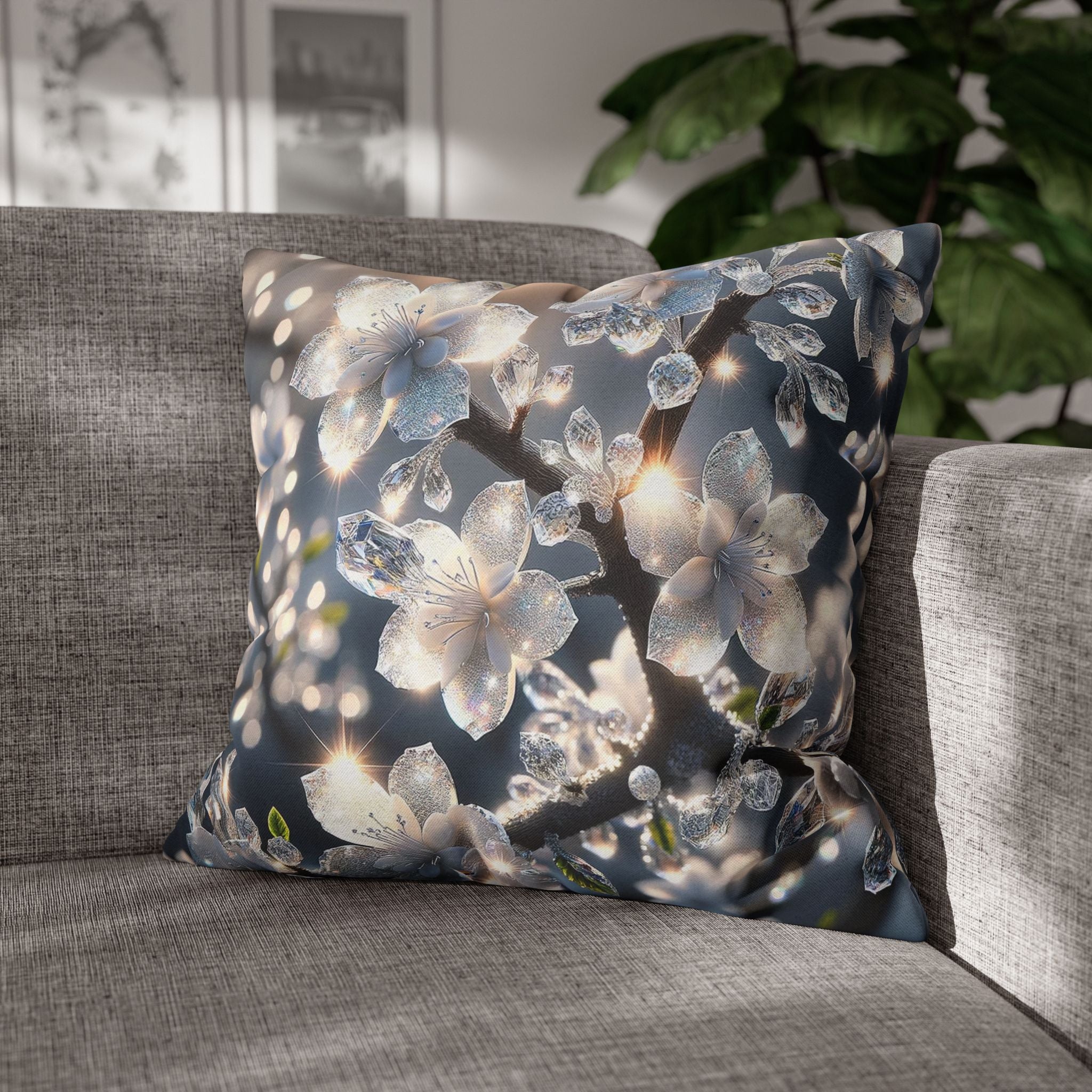 Silver-coloured flowers on grey background - Polyester Square Pillowcase