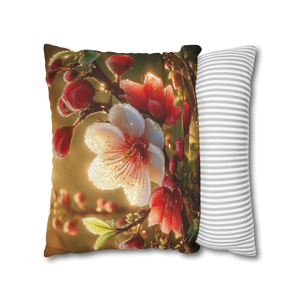Red & white flowers in light background - Polyester Square Pillowcase