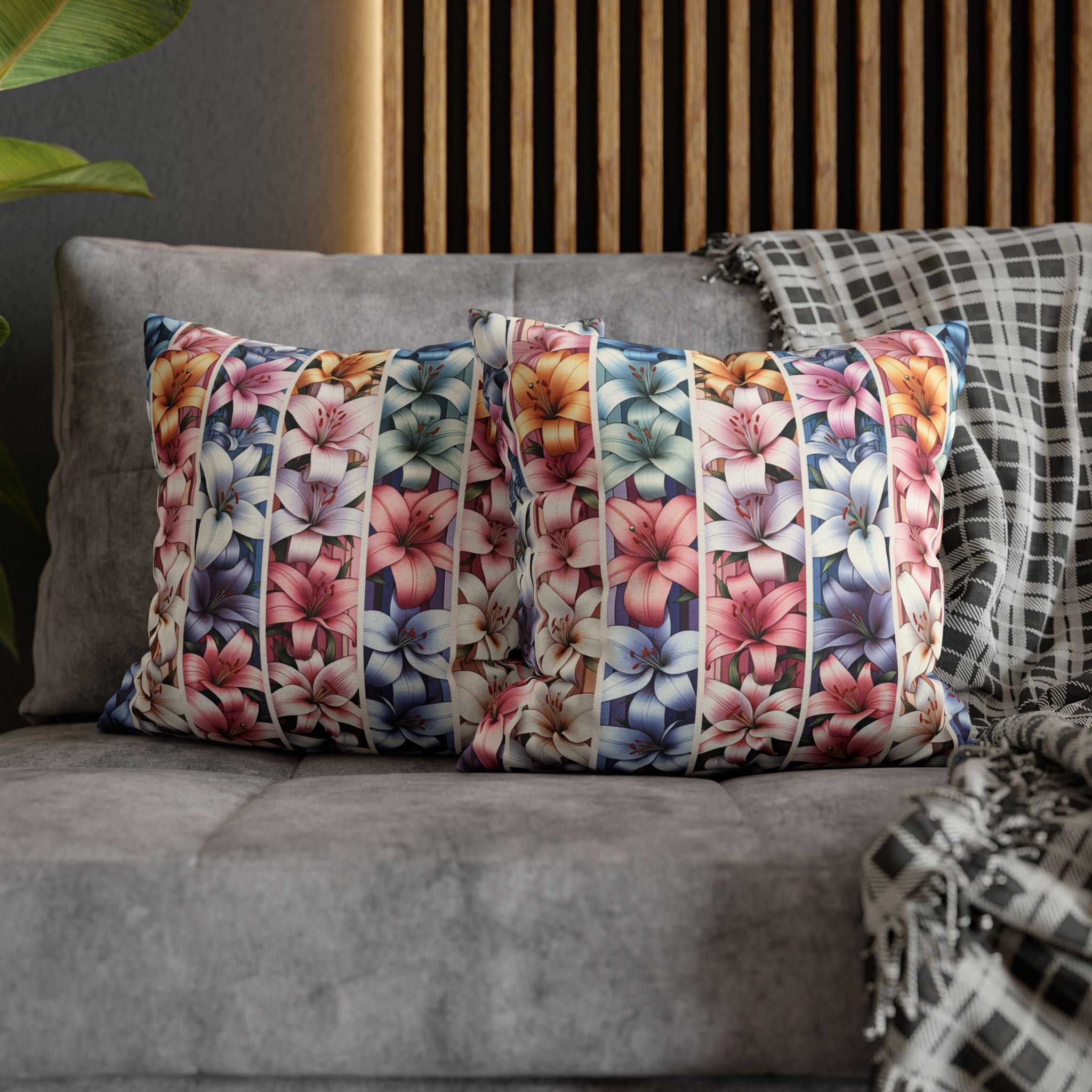 Pastel coloured Lilies in columns - Polyester Square Pillowcase