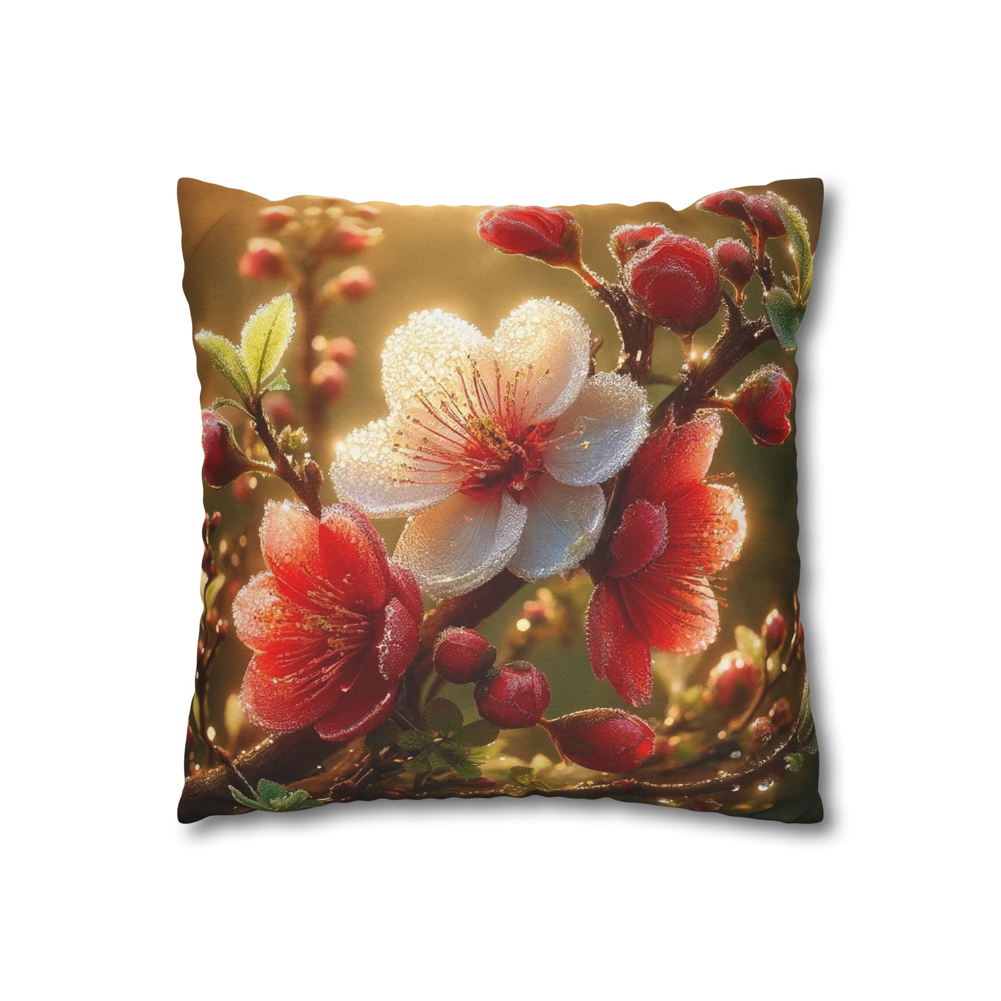 Red & white flowers in light background - Polyester Square Pillowcase