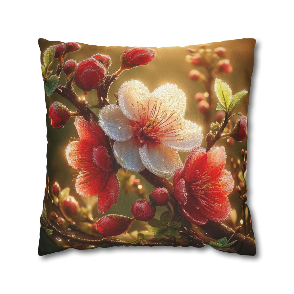 Red & white flowers in light background - Polyester Square Pillowcase