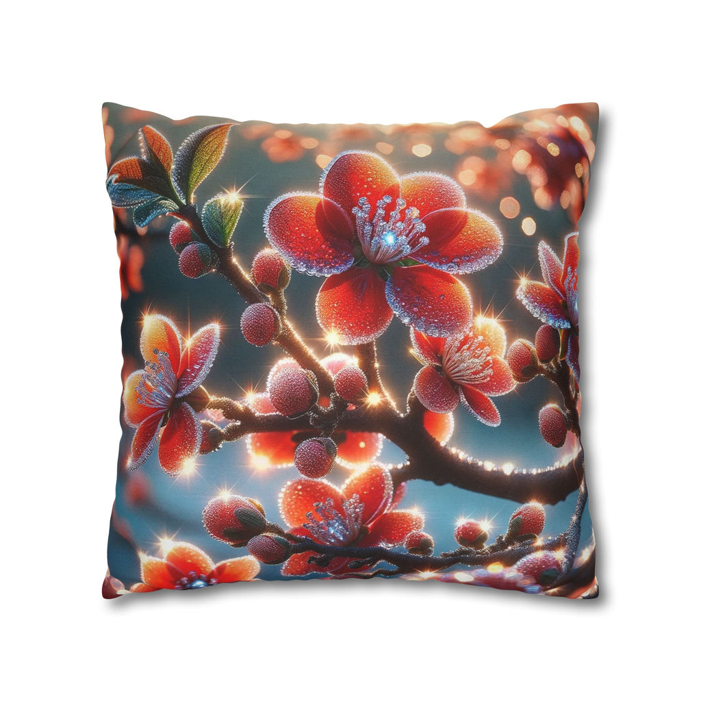 Red flowers with grey background - Polyester Square Pillowcase