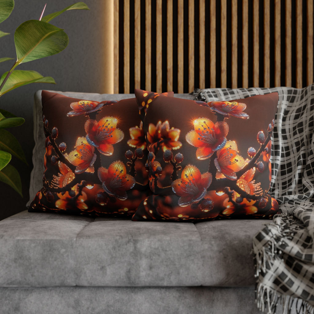 Orange flowers (brown background) - Polyester Square Pillowcase