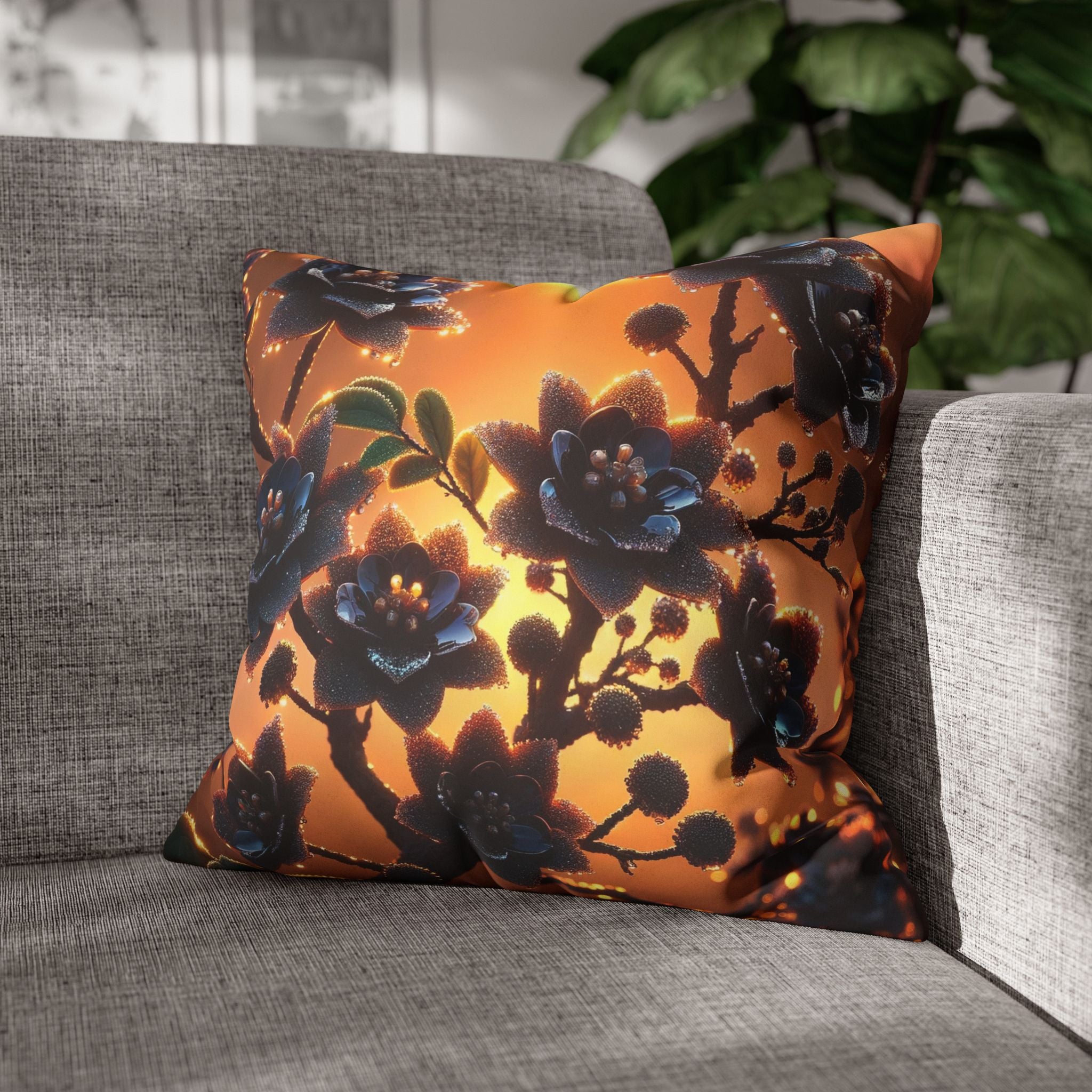 Black flowers in sunset- Suede Square Pillowcase