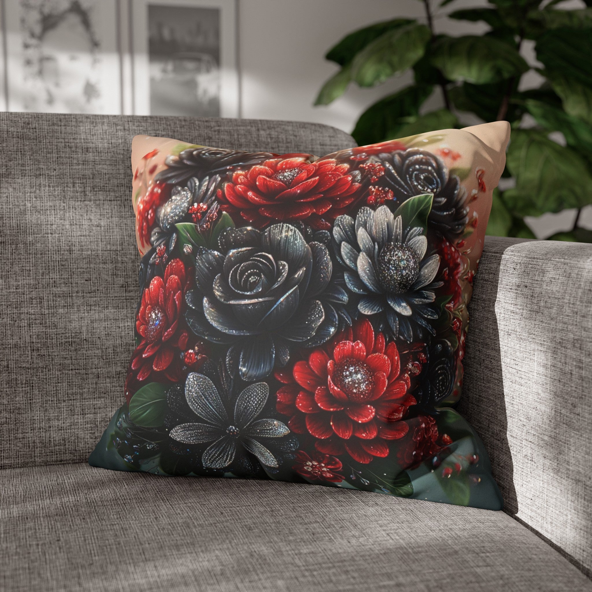 Bouquet with Black and Red flowers - Suede Square Pillowcase