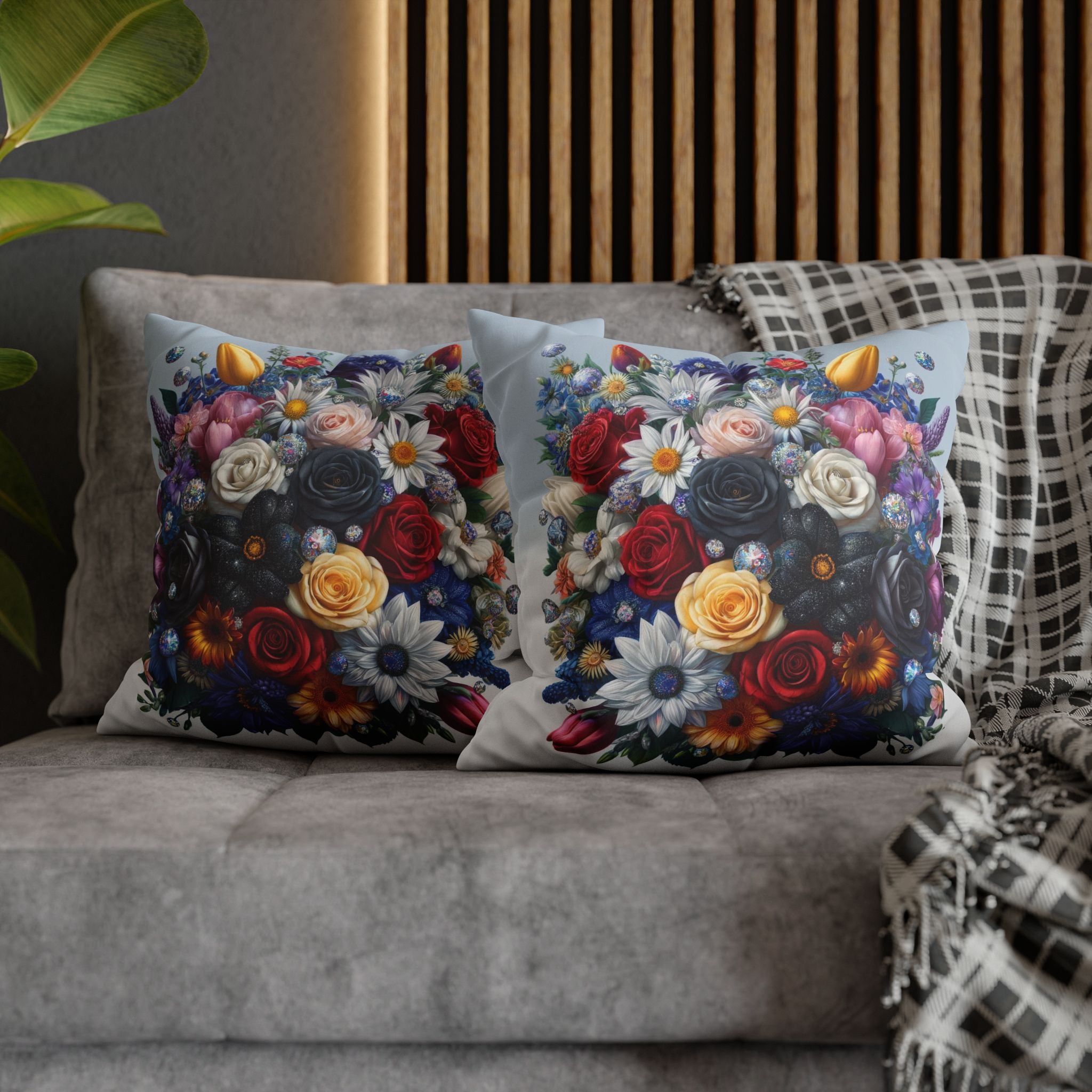 Colourful Bouquet (blue background) - Suede Square Pillowcase