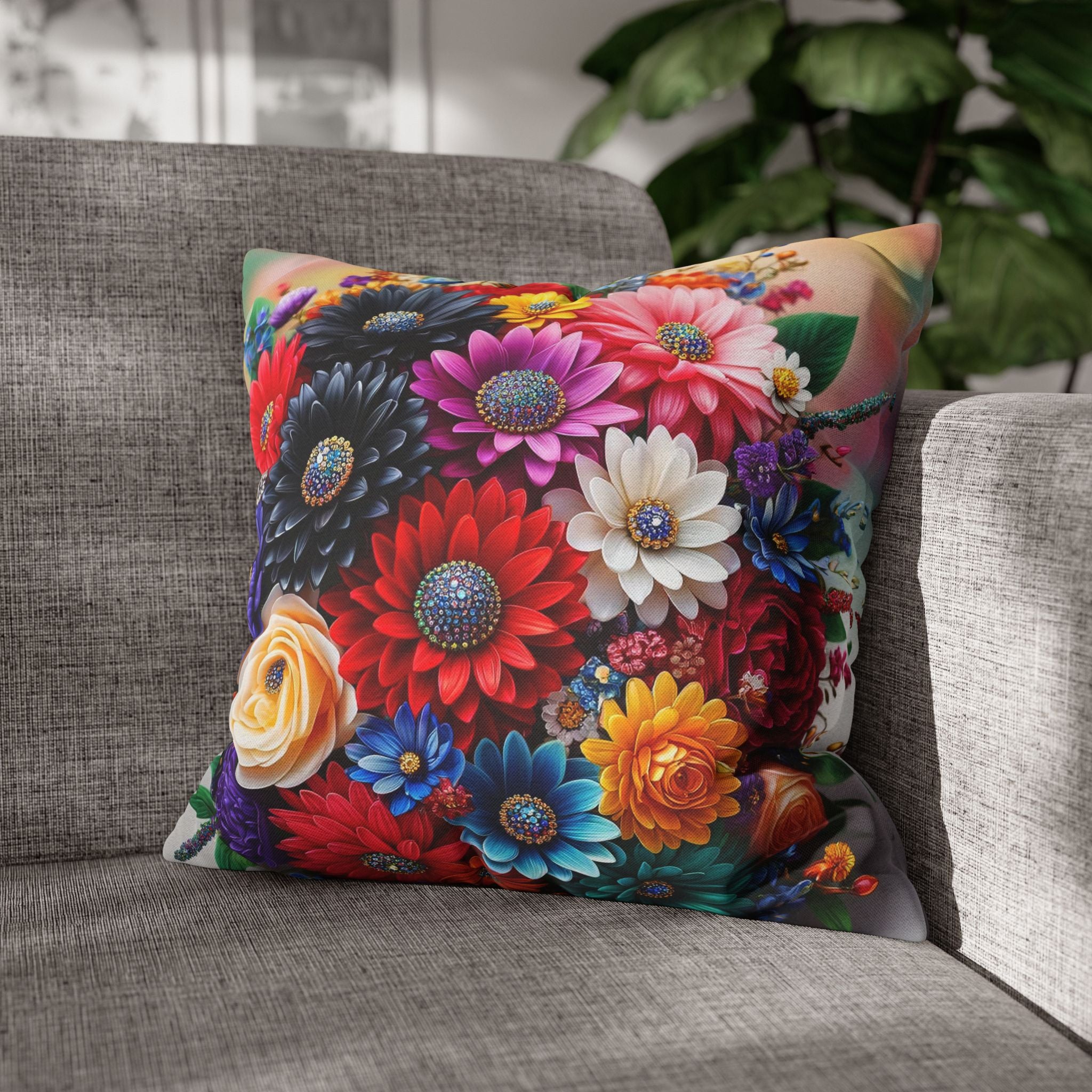 Colourful Bouquet (with diamonds) - Polyester Square Pillowcase