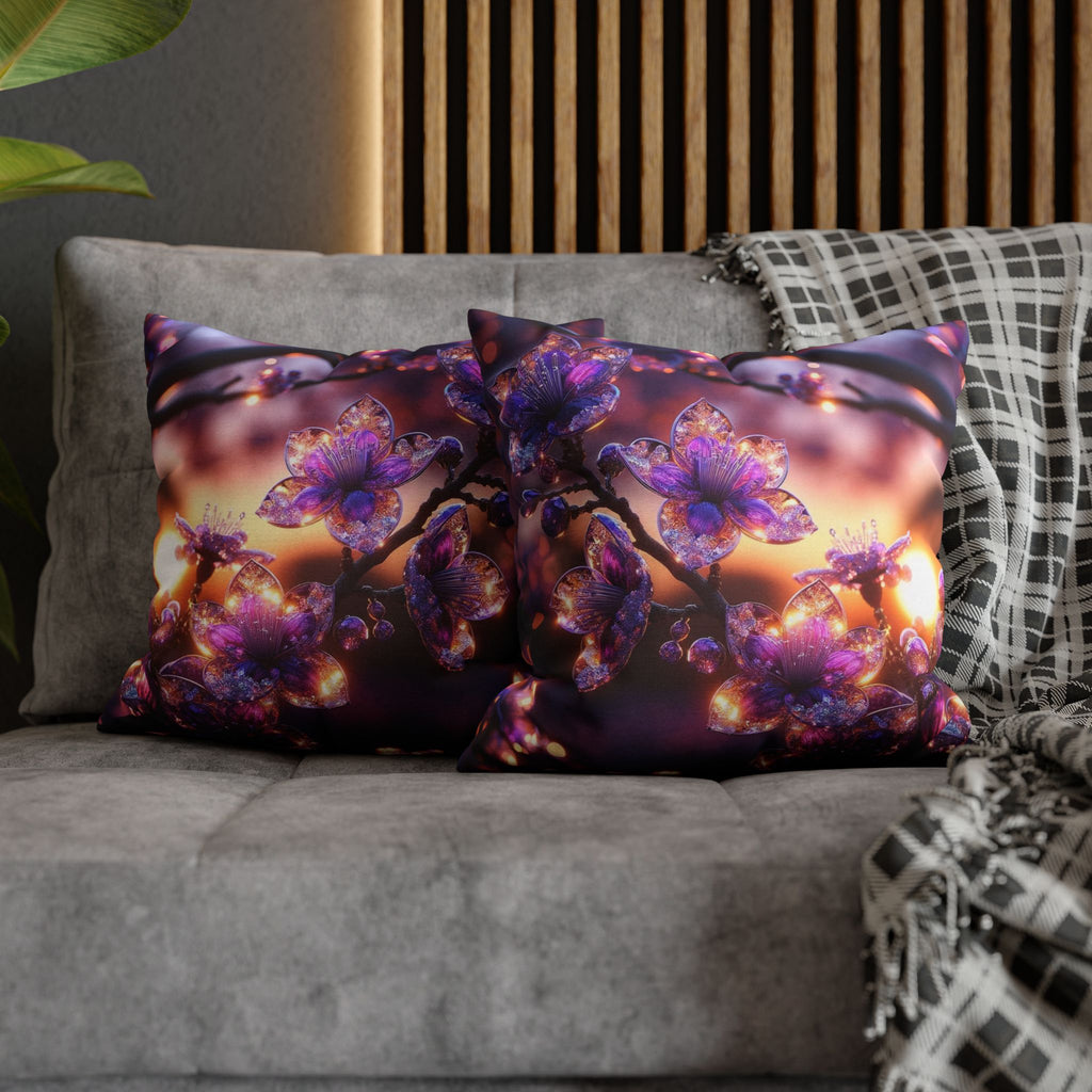 Purple diamond flowers (in sunset) - Polyester Square Pillowcase