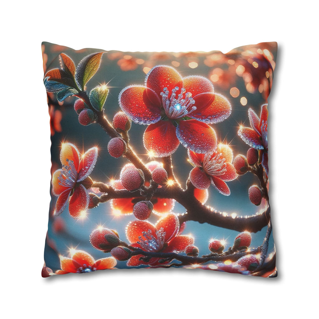 Red flowers with grey background - Polyester Square Pillowcase