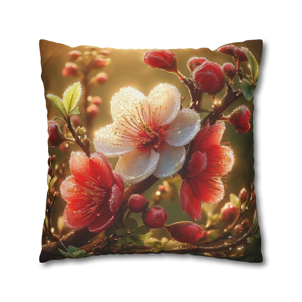 Red & white flowers in light background - Polyester Square Pillowcase