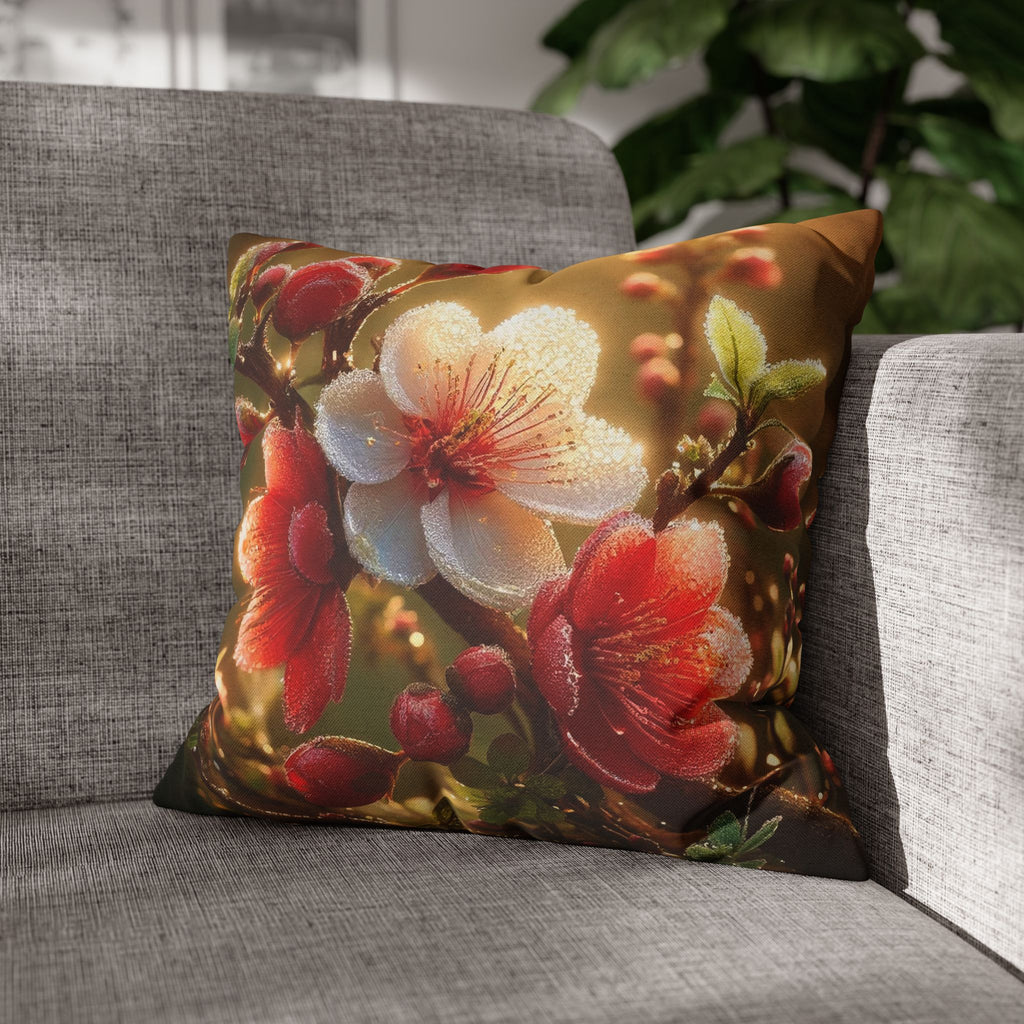 Red & white flowers in light background - Polyester Square Pillowcase