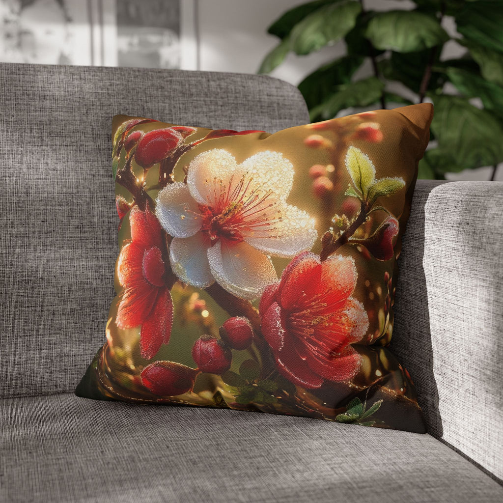 Red & white flowers in light background - Polyester Square Pillowcase