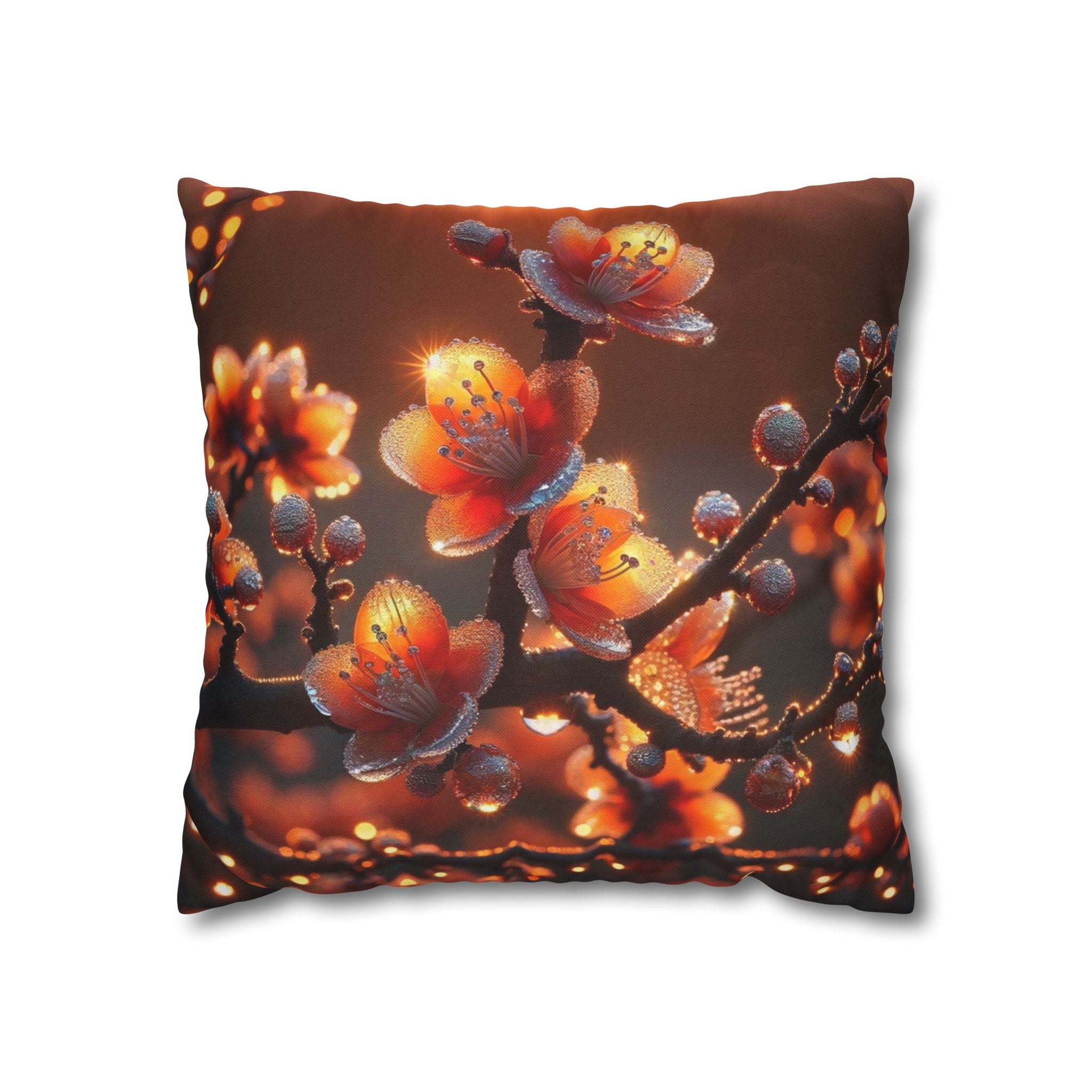 Orange flowers (brown background) - Polyester Square Pillowcase