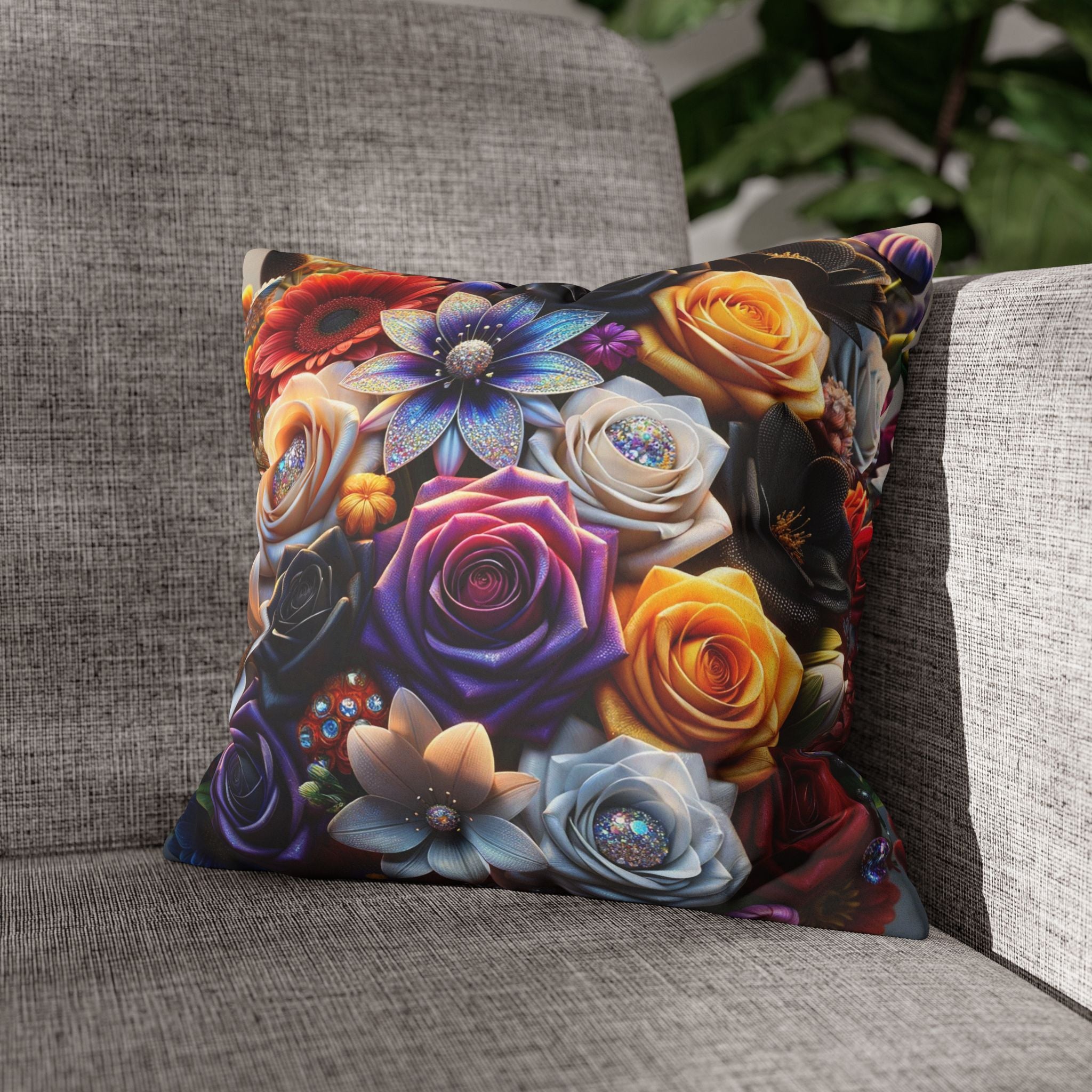 Colourful Bouquet of big flowers- Suede Square Pillowcase