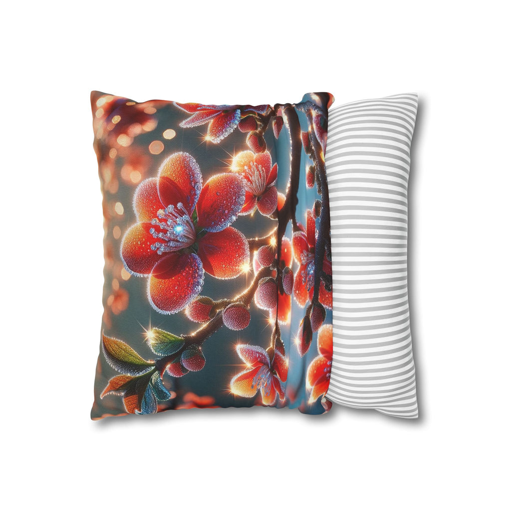 Red flowers with grey background - Polyester Square Pillowcase