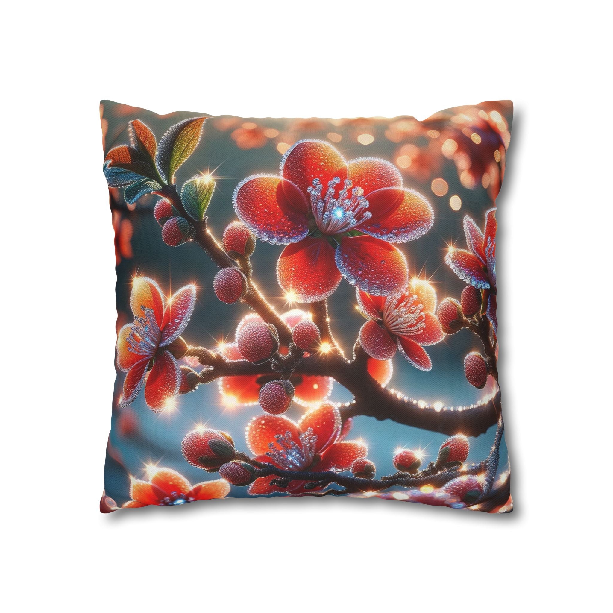 Red flowers with grey background - Polyester Square Pillowcase