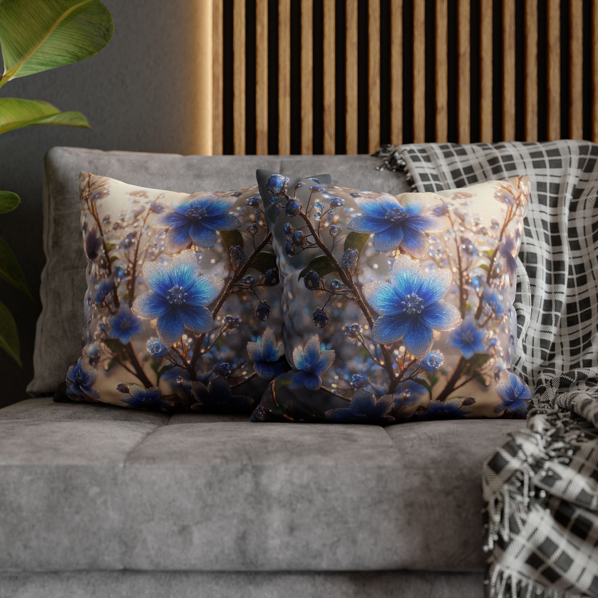 Blue, diamond flowers (4) - Polyester Square Pillowcase