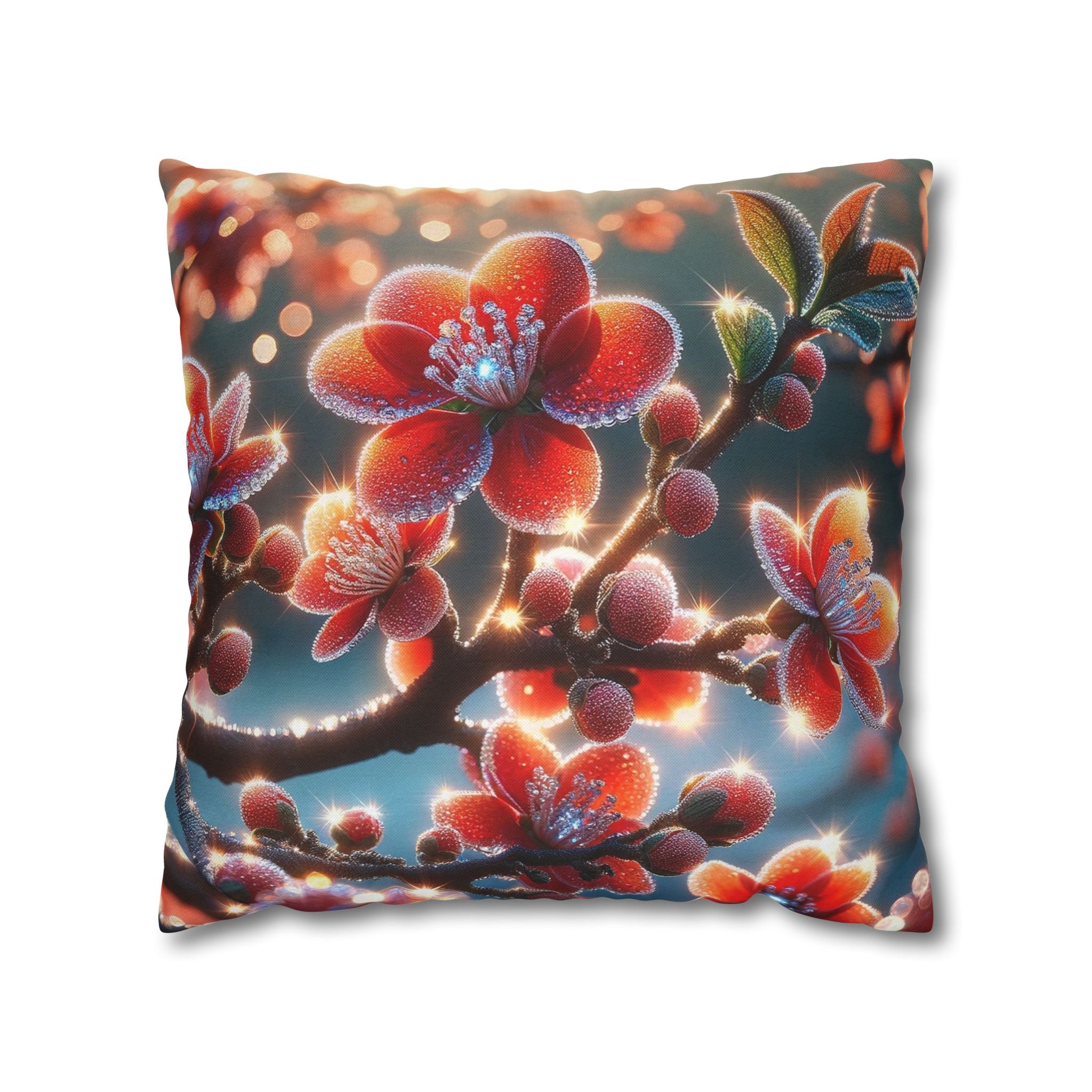 Red flowers with grey background - Polyester Square Pillowcase