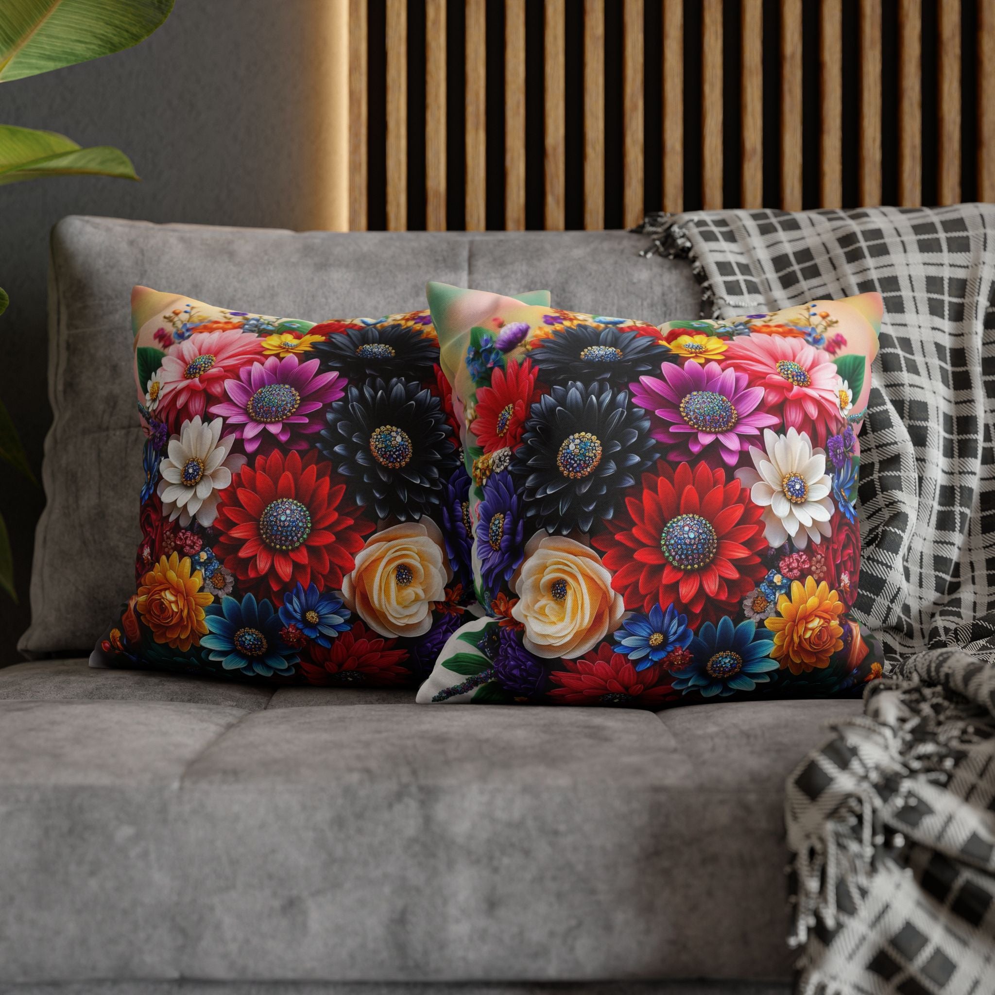 Colourful Bouquet (with diamonds) - Polyester Square Pillowcase