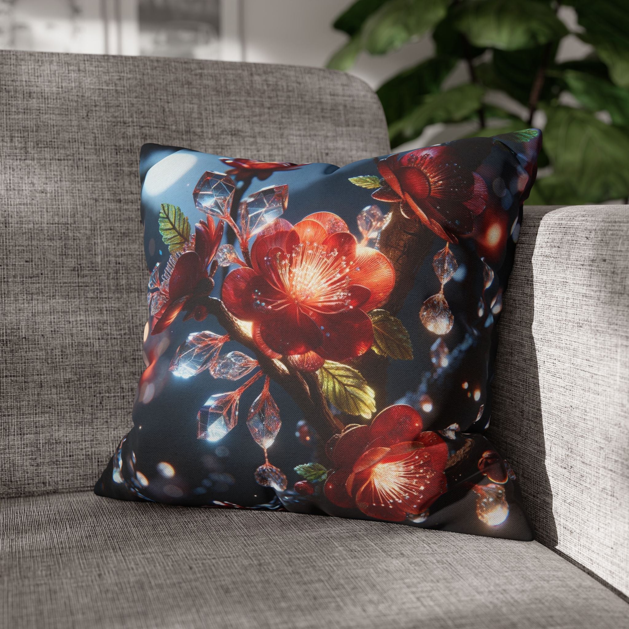 Red flowers in the night - Polyester Square Pillowcase