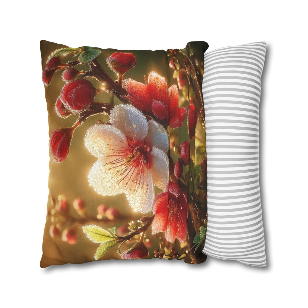 Red & white flowers in light background - Polyester Square Pillowcase