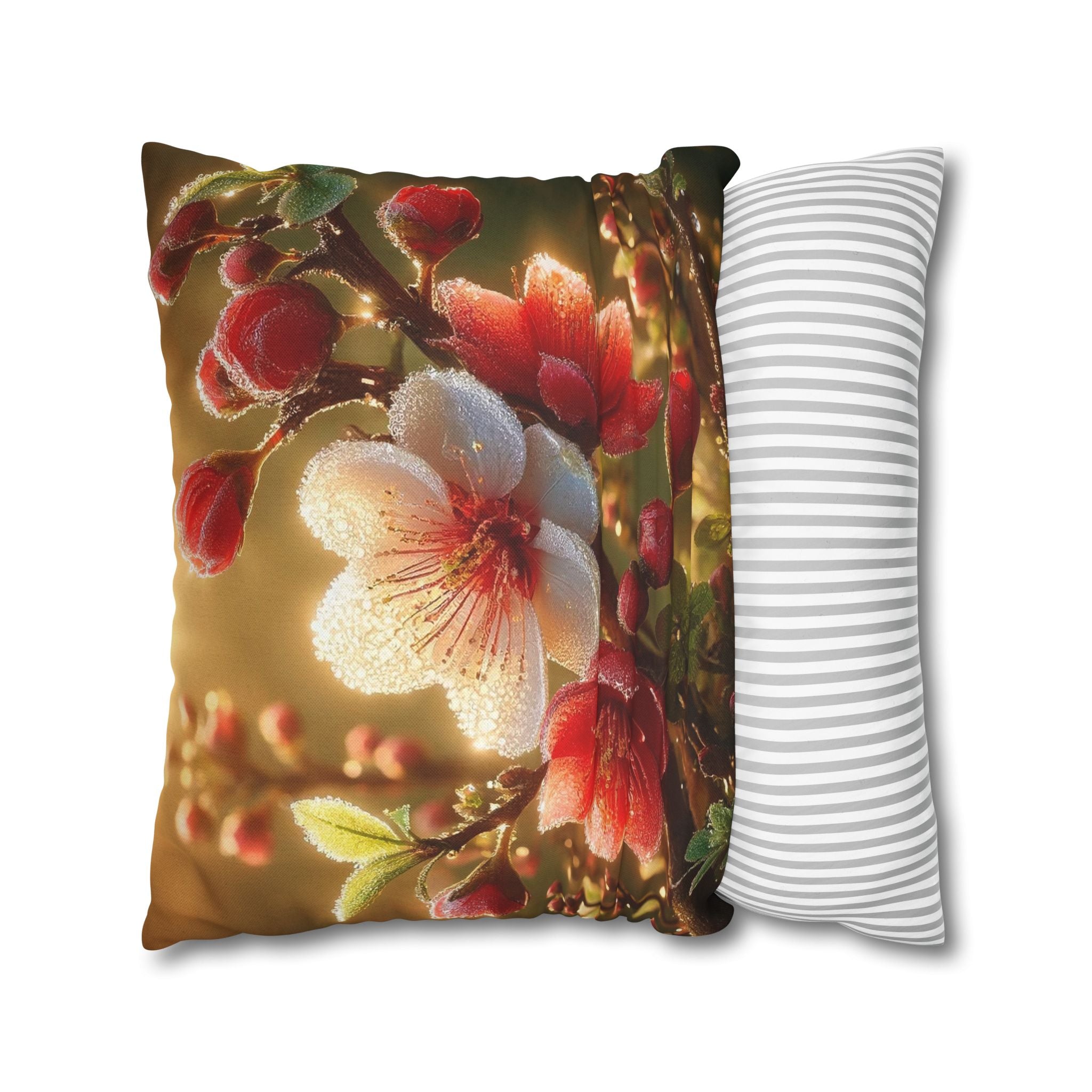 Red & white flowers in light background - Polyester Square Pillowcase