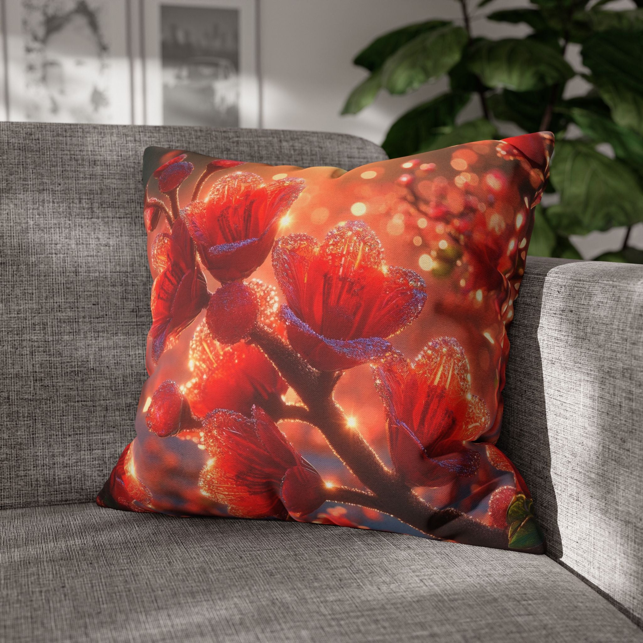 Red-diamond flowers (on red background) -  Polyester Square Pillowcase