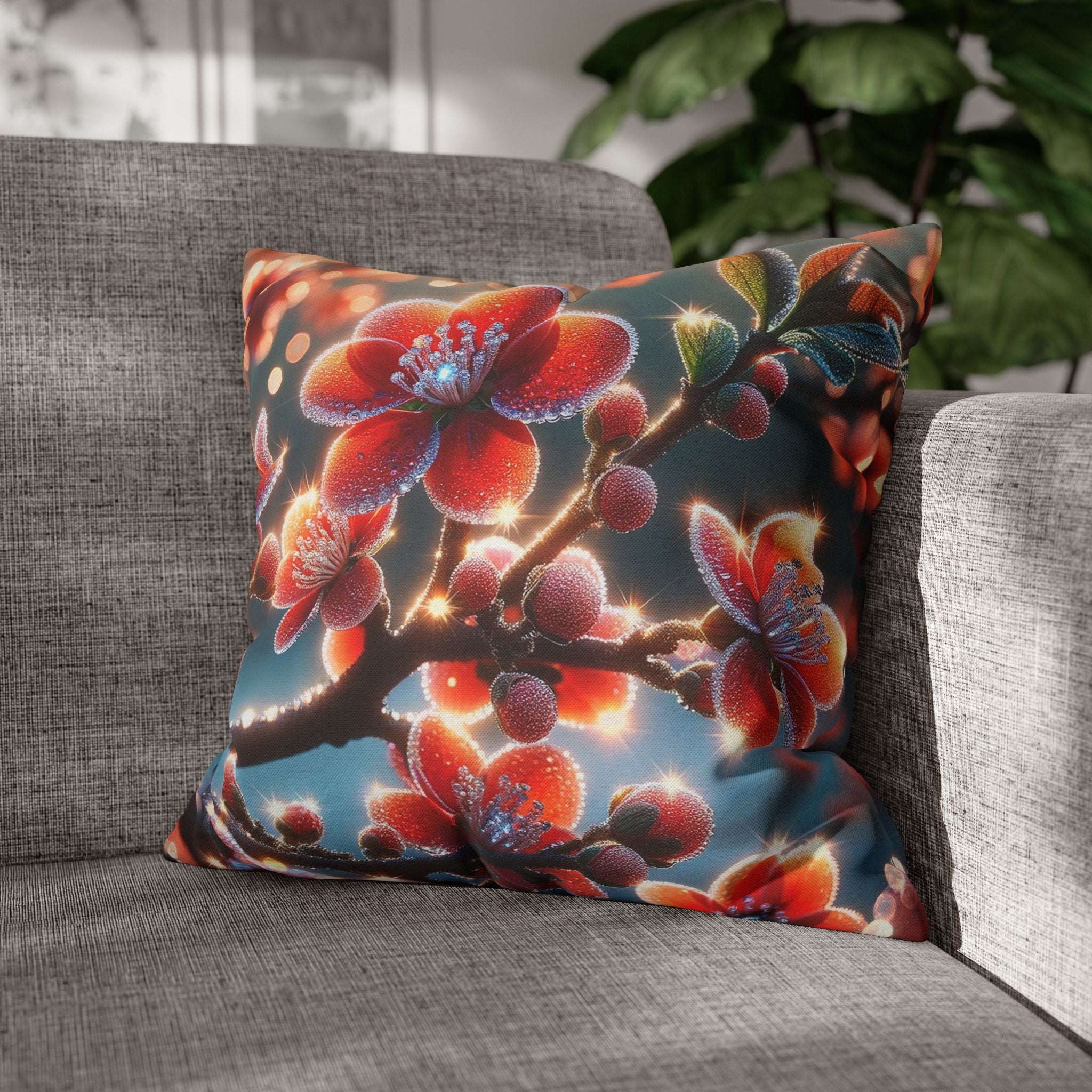 Red flowers with grey background - Polyester Square Pillowcase