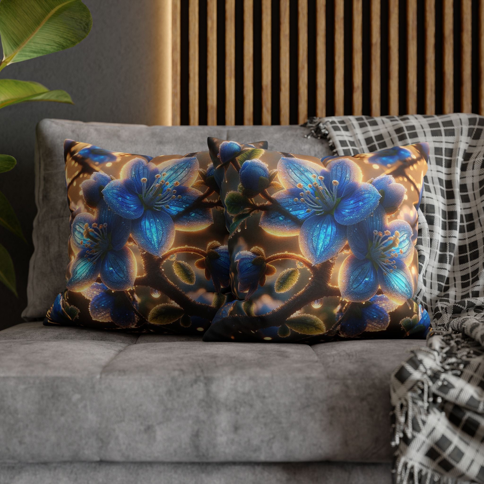 Blue, diamond flowers (3) - Polyester Square Pillowcase