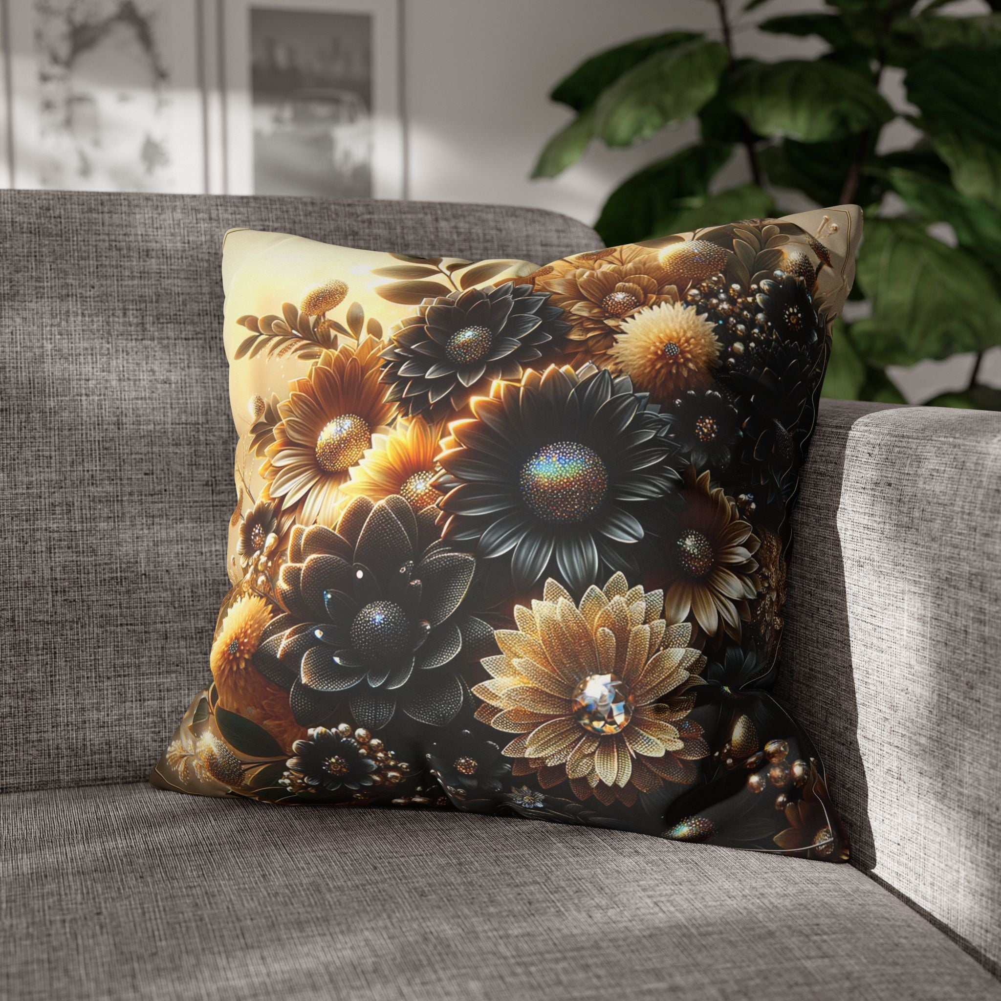 Black and golden Bouquet (with golden background) - Suede Square Pillowcase