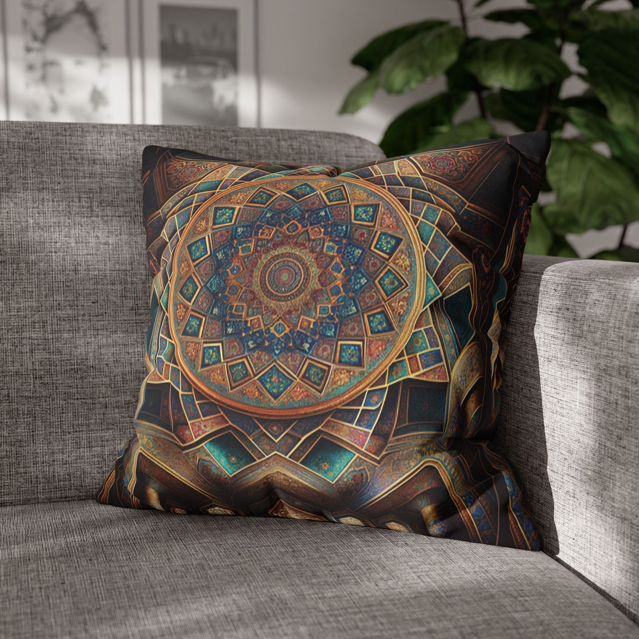Persian art, brown-blue - Polyester Square Pillowcase