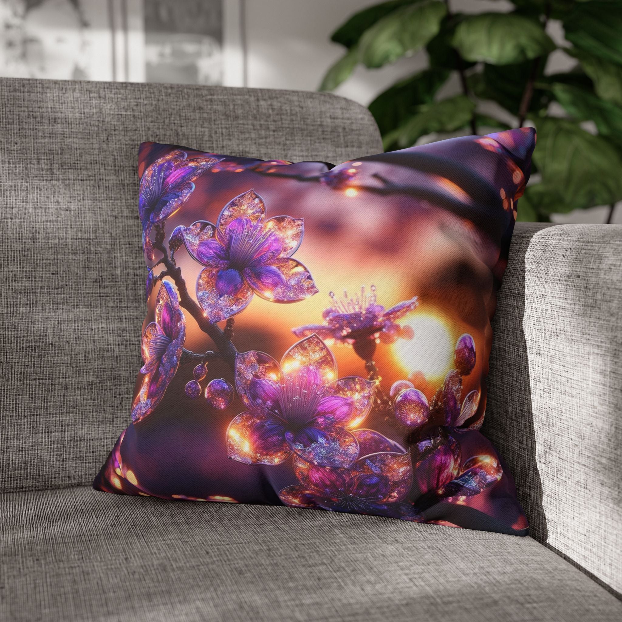 Purple diamond flowers (in sunset) - Polyester Square Pillowcase