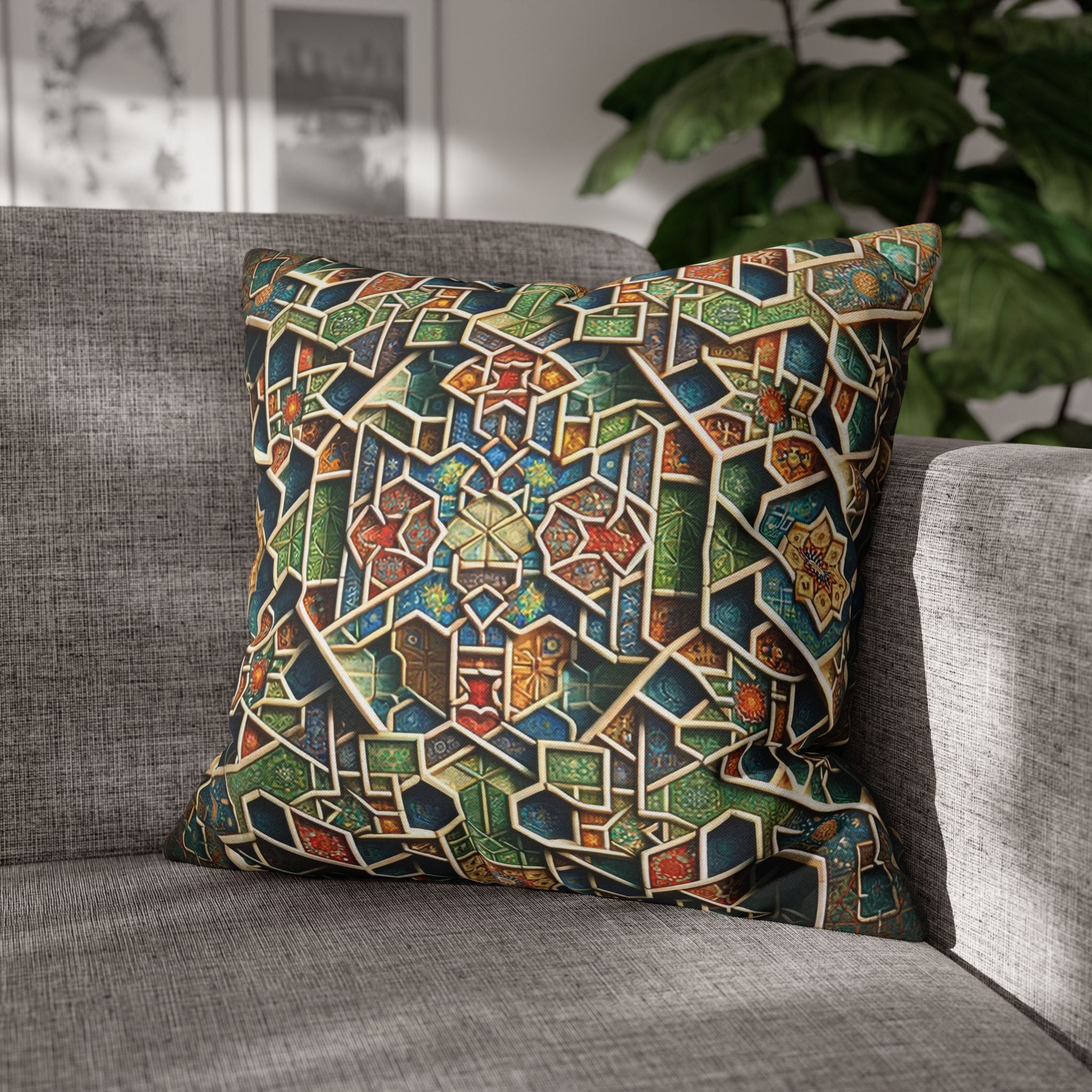 Persian art, orange-green - Polyester Square Pillowcase