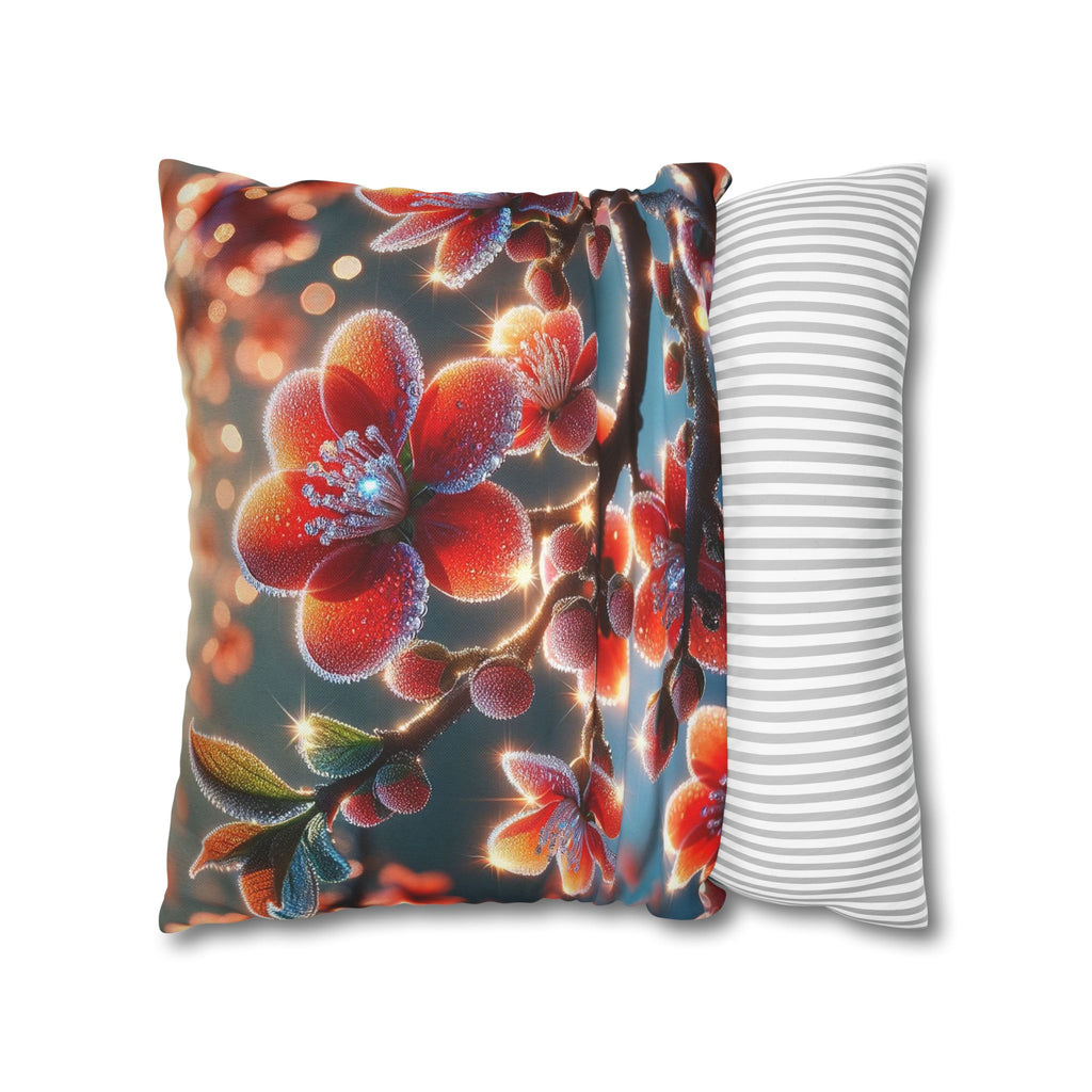 Red flowers with grey background - Polyester Square Pillowcase