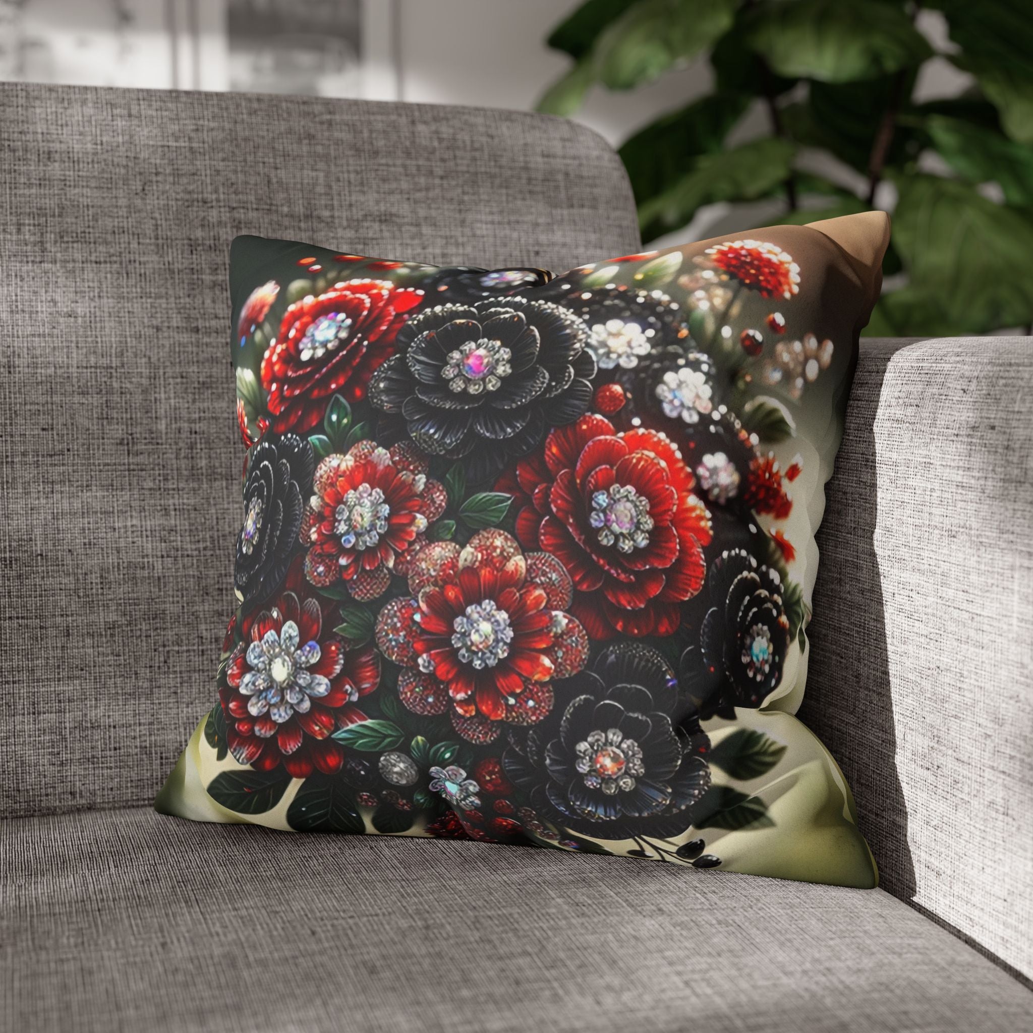 Bouquet with Black and Red flowers- Suede Square Pillowcase
