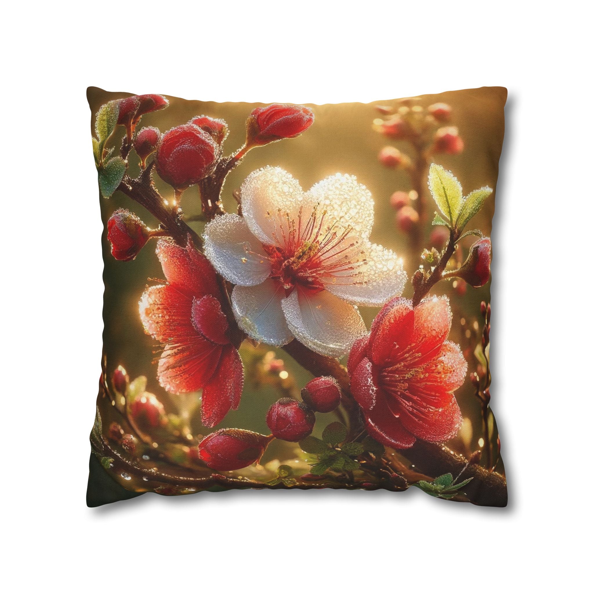 Red & white flowers in light background - Polyester Square Pillowcase