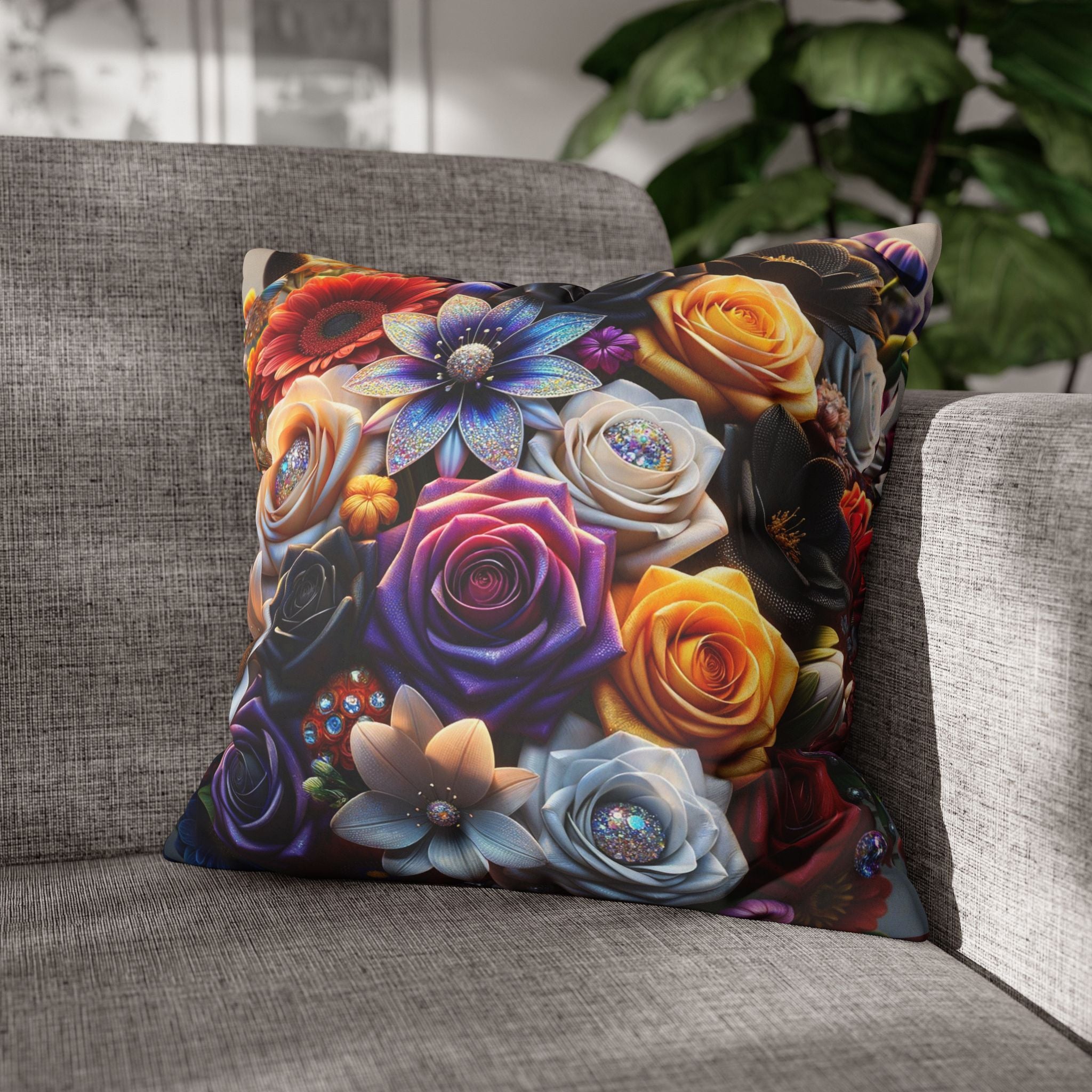 Colourful Bouquet of big flowers- Suede Square Pillowcase