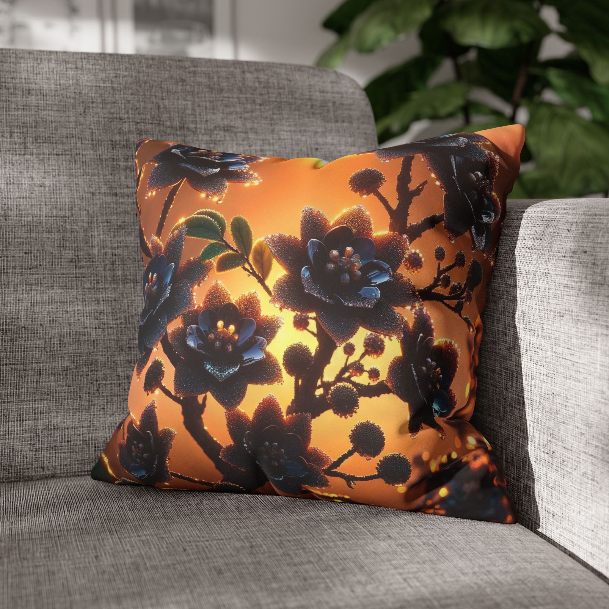 Black flowers in sunset- Suede Square Pillowcase