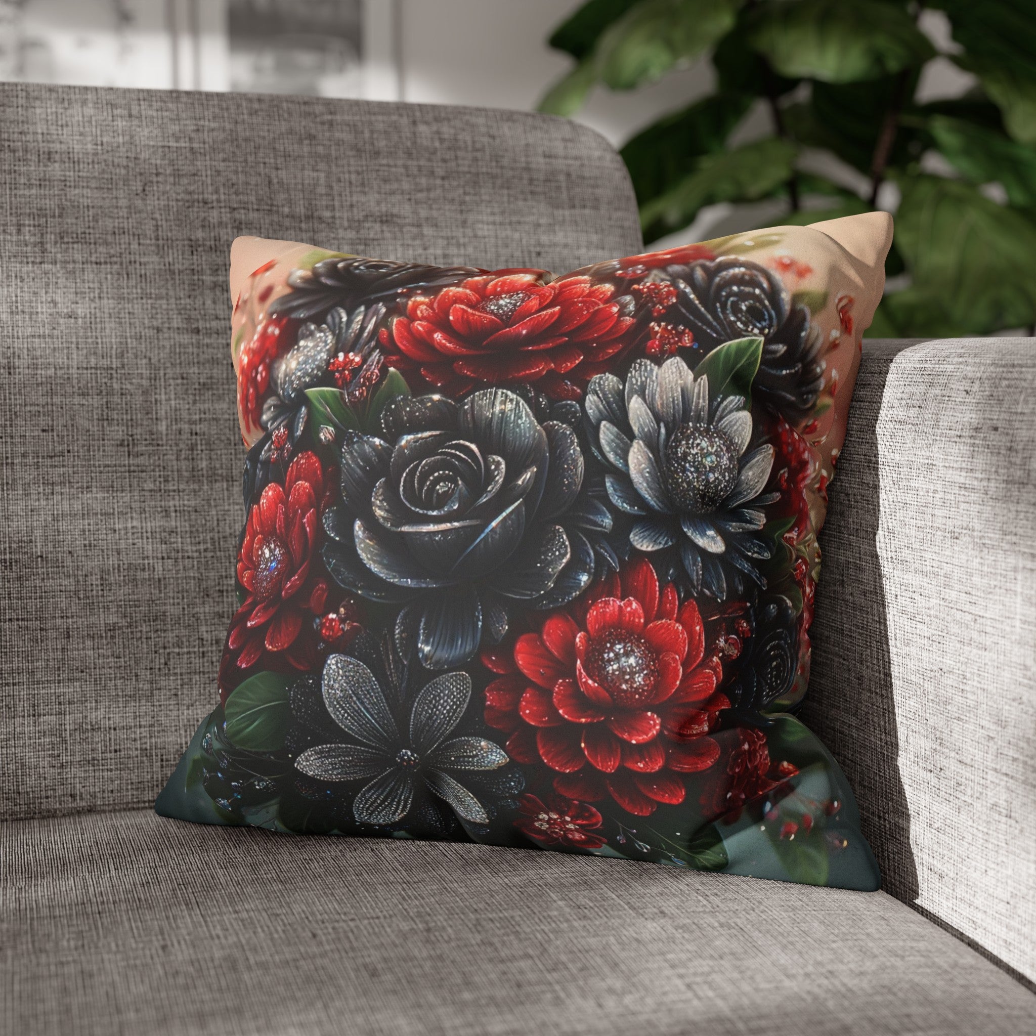 Bouquet with Black and Red flowers - Suede Square Pillowcase