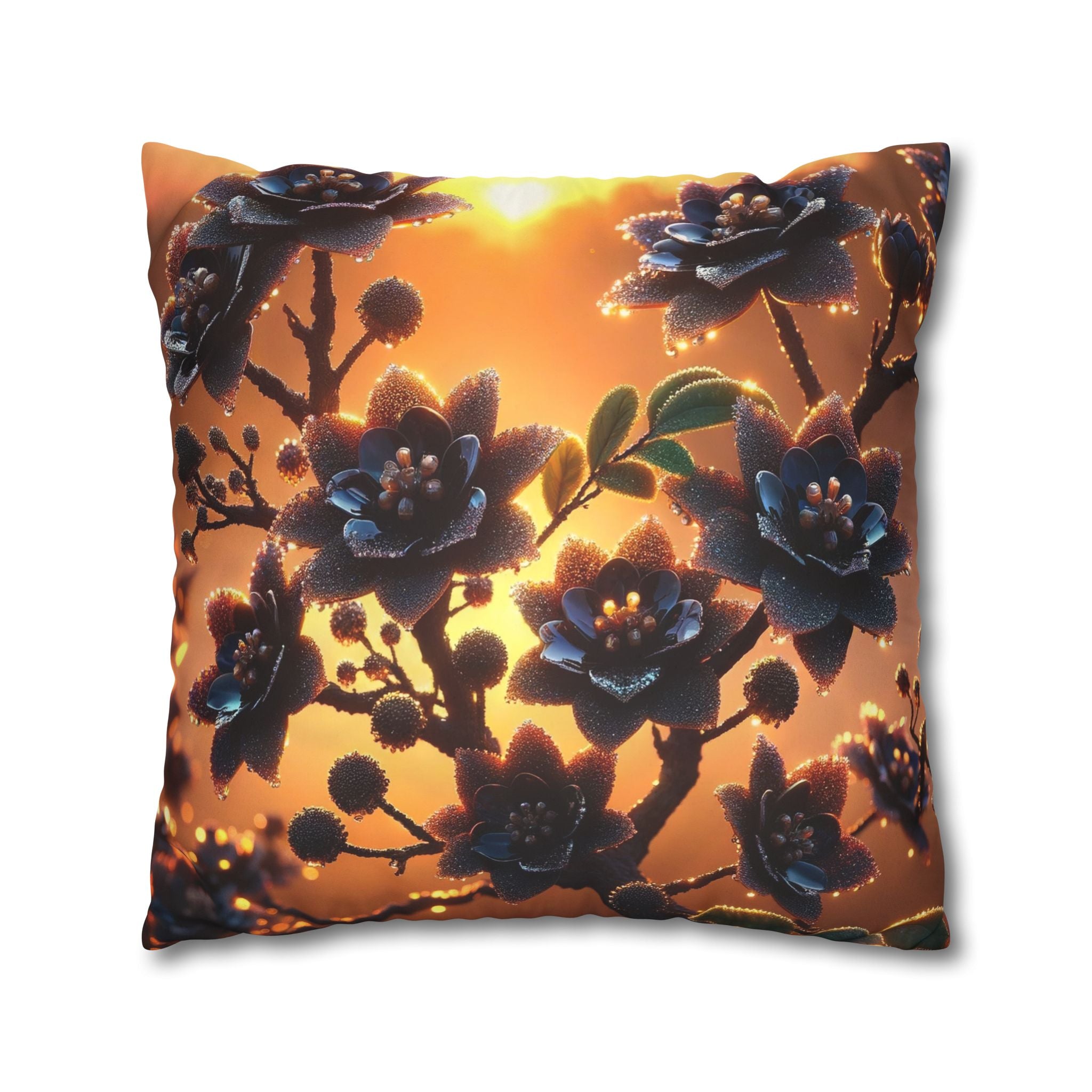 Black flowers in sunset- Suede Square Pillowcase