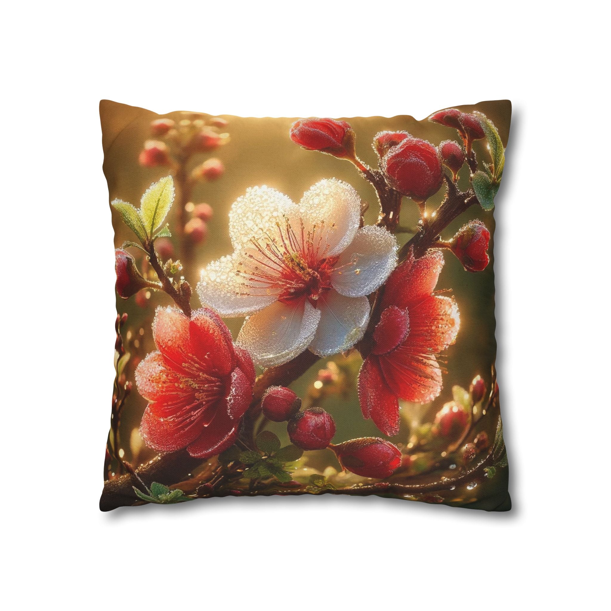 Red & white flowers in light background - Polyester Square Pillowcase