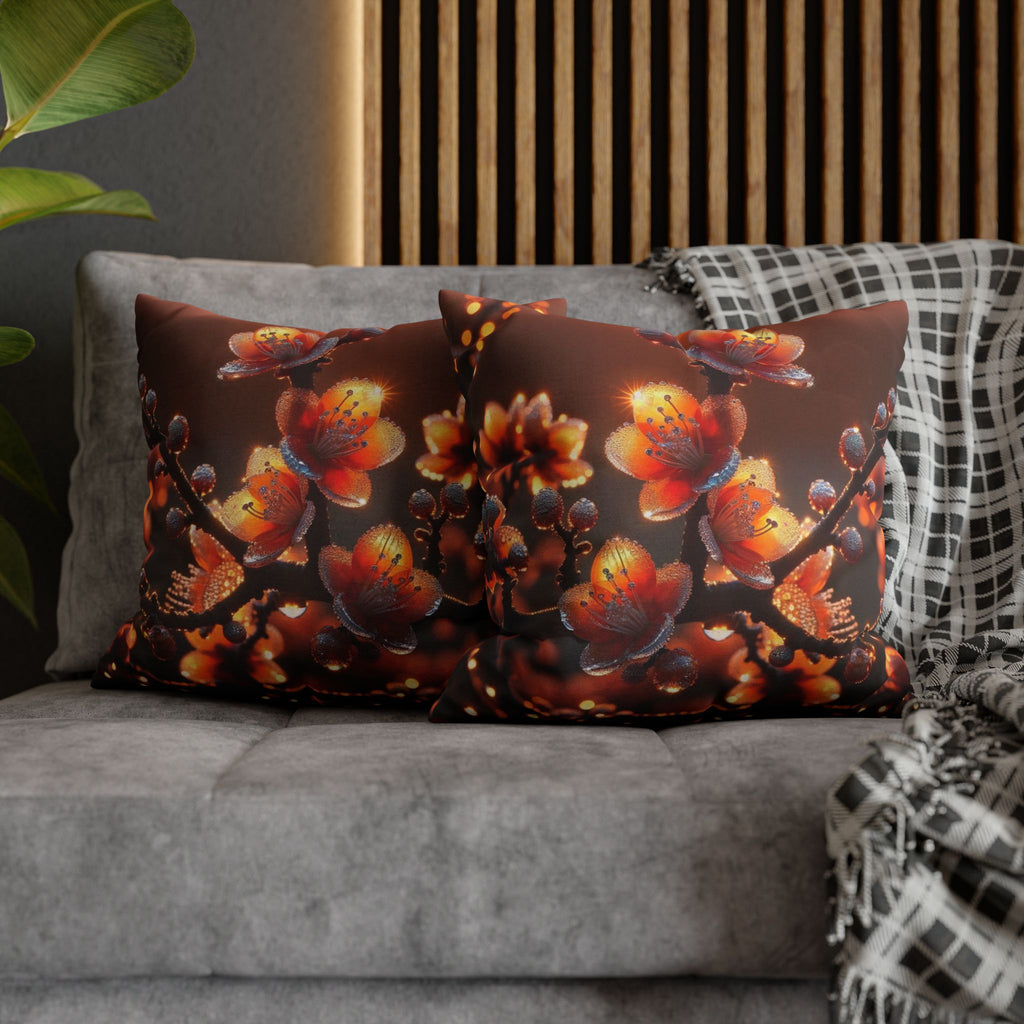 Orange flowers (brown background) - Polyester Square Pillowcase