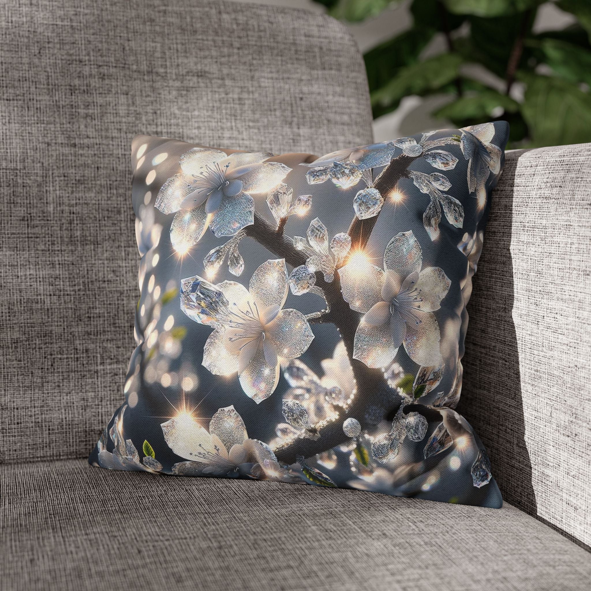 Silver-coloured flowers on grey background - Polyester Square Pillowcase