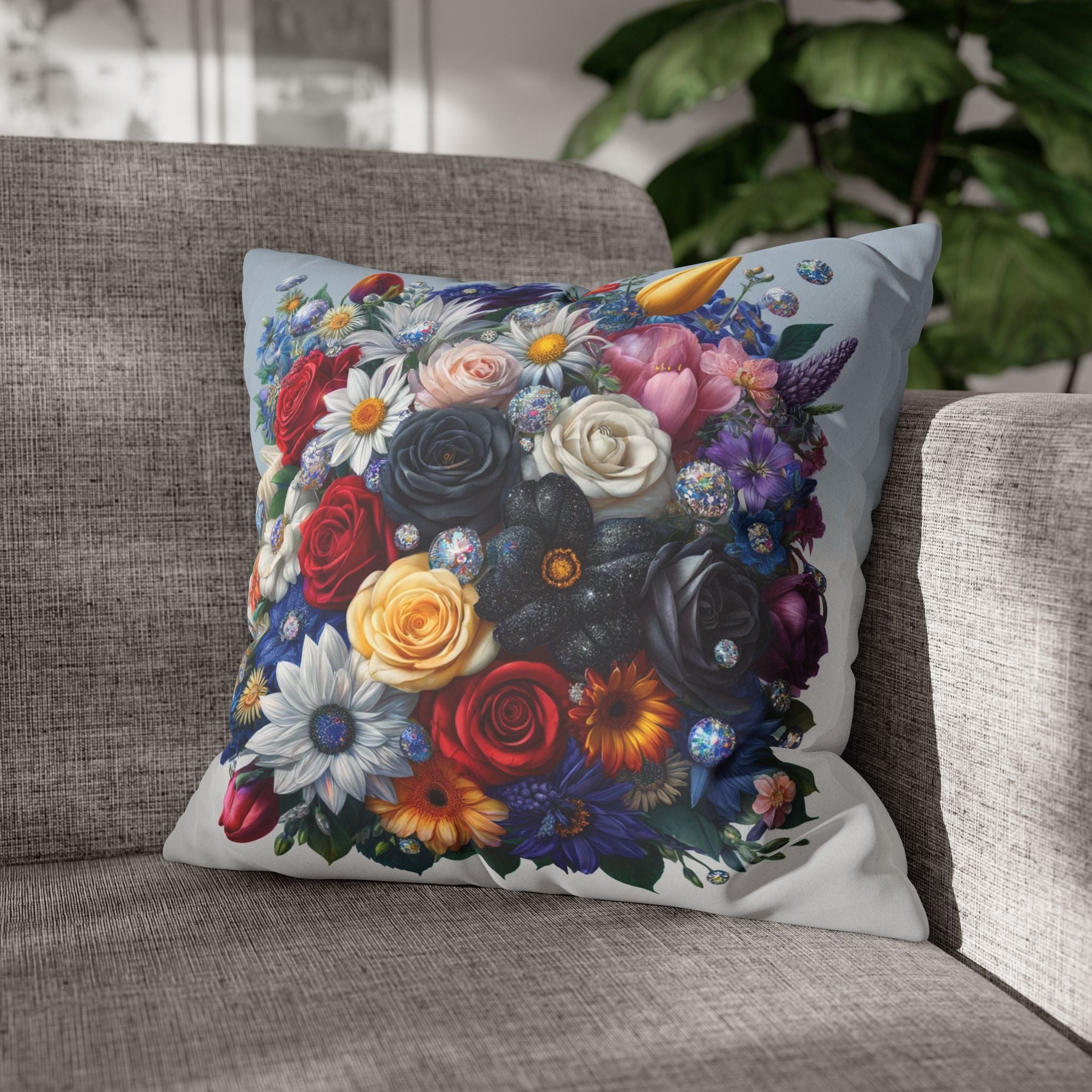 Colourful Bouquet (blue background) - Suede Square Pillowcase