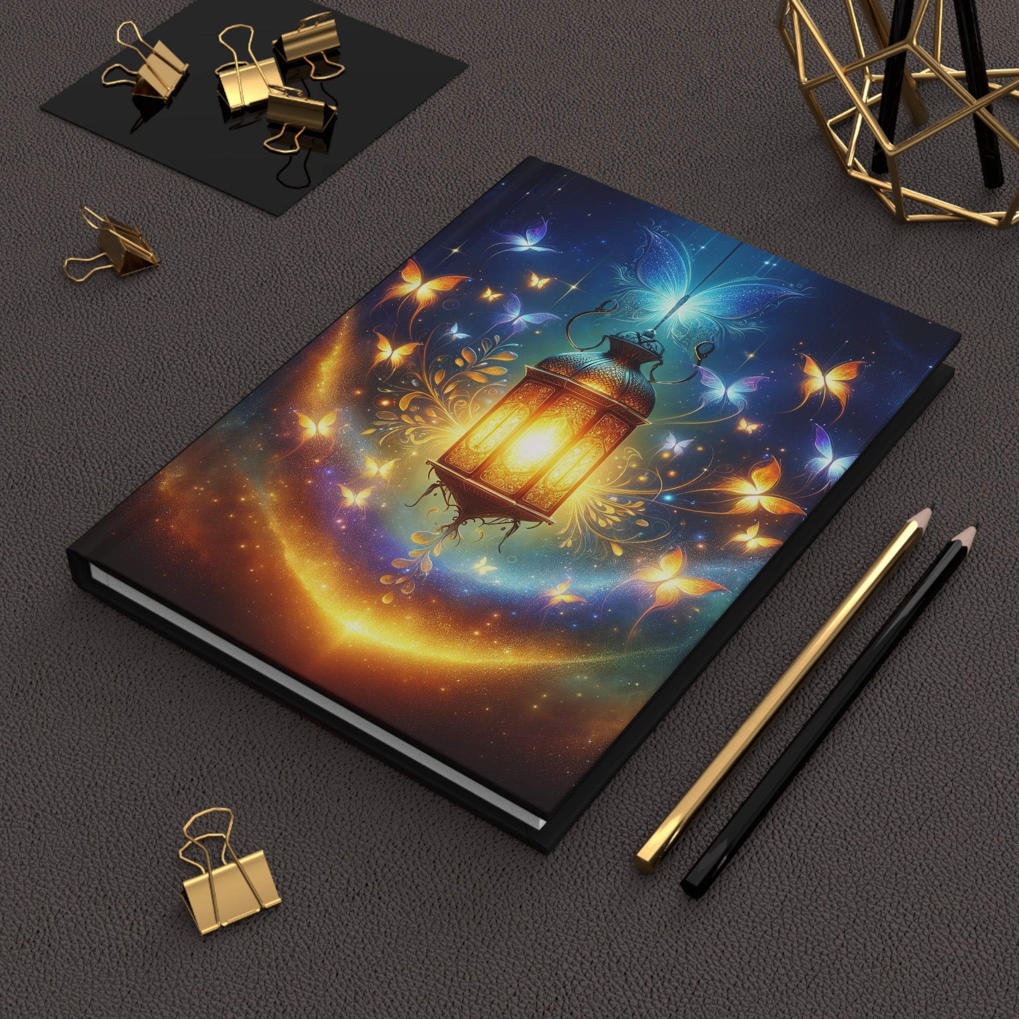 Butterflies flying around a lamp - Hardcover Notebook