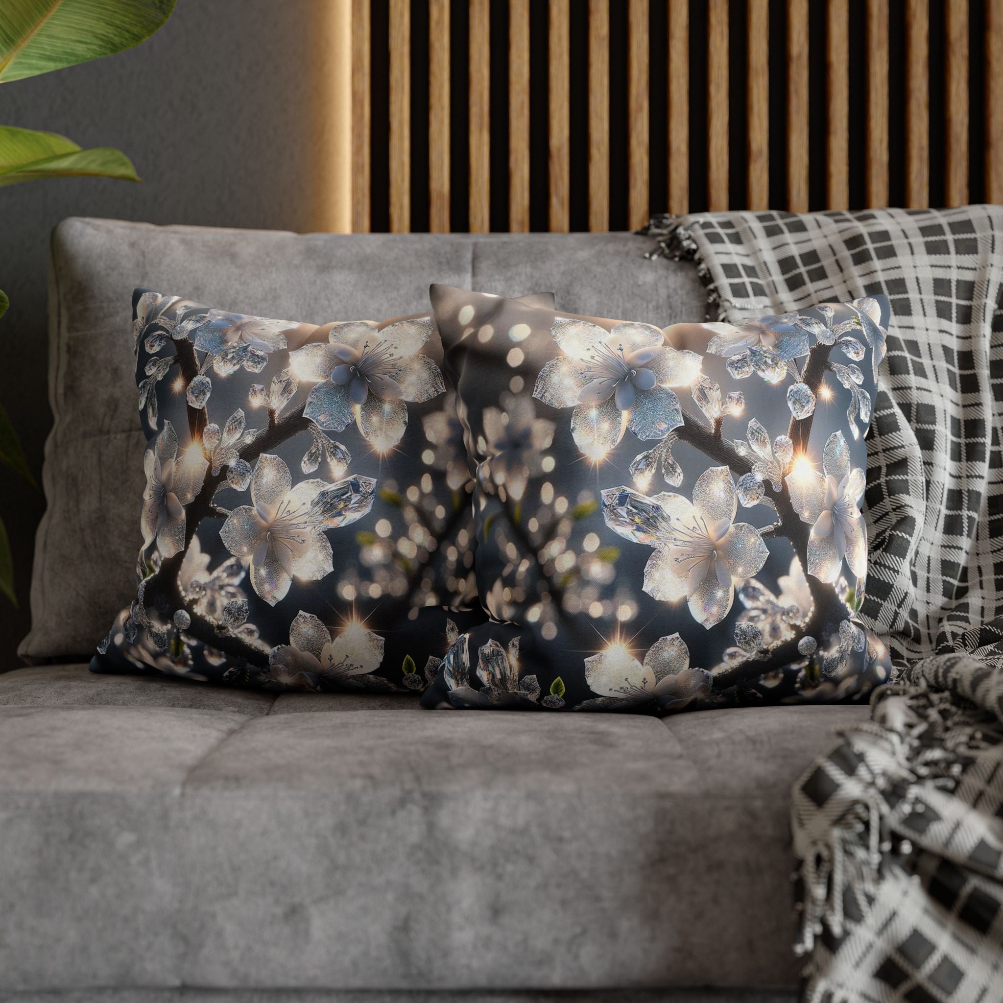 Silver-coloured flowers on grey background - Polyester Square Pillowcase