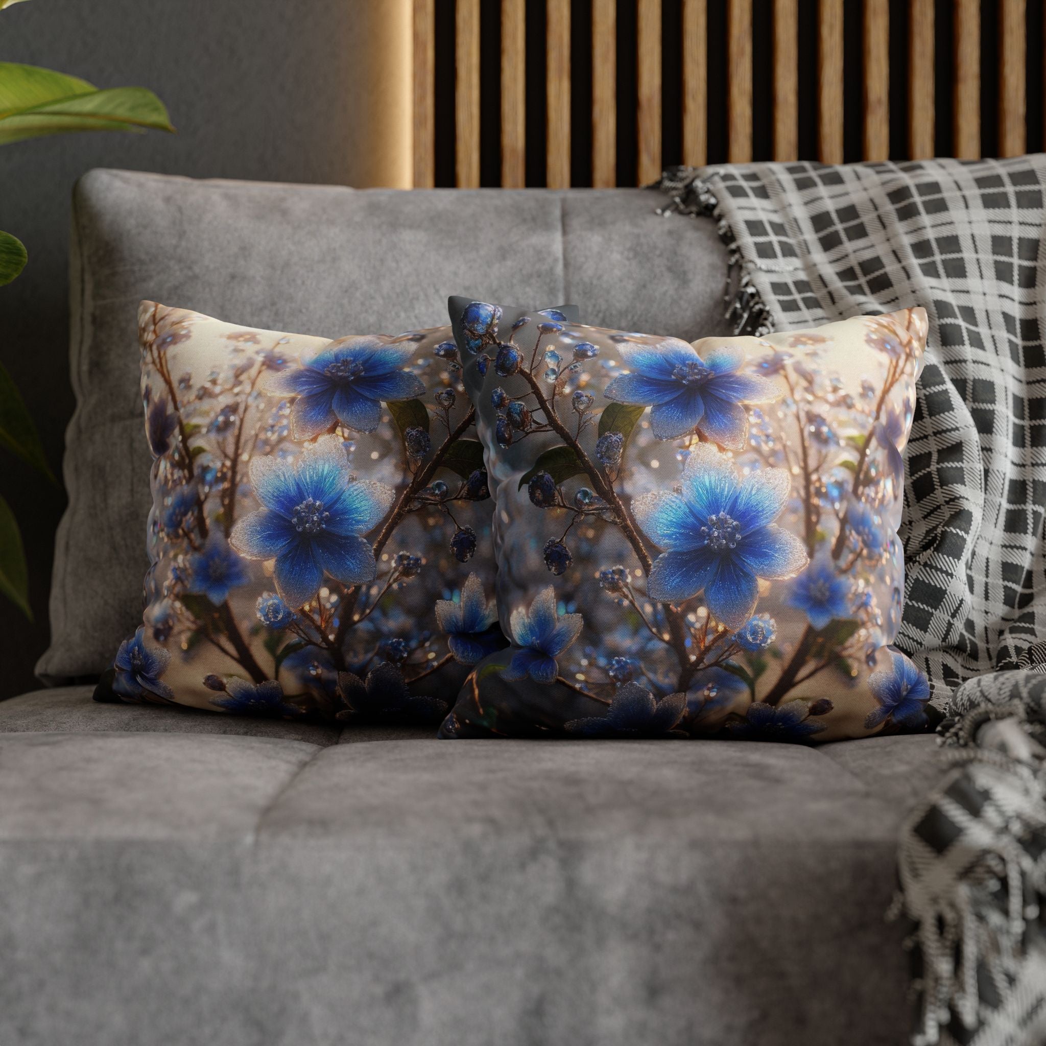 Blue, diamond flowers (4) - Polyester Square Pillowcase
