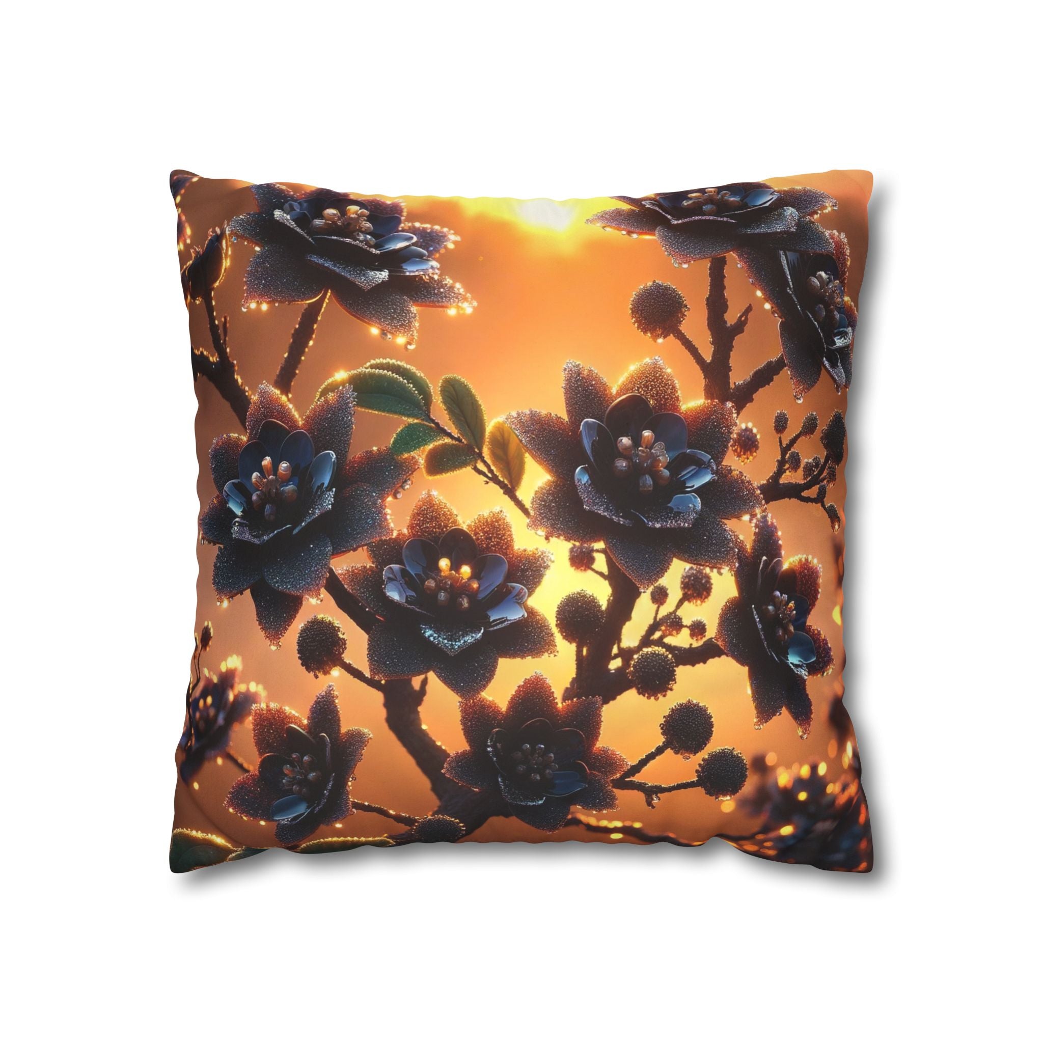 Black flowers in sunset- Suede Square Pillowcase
